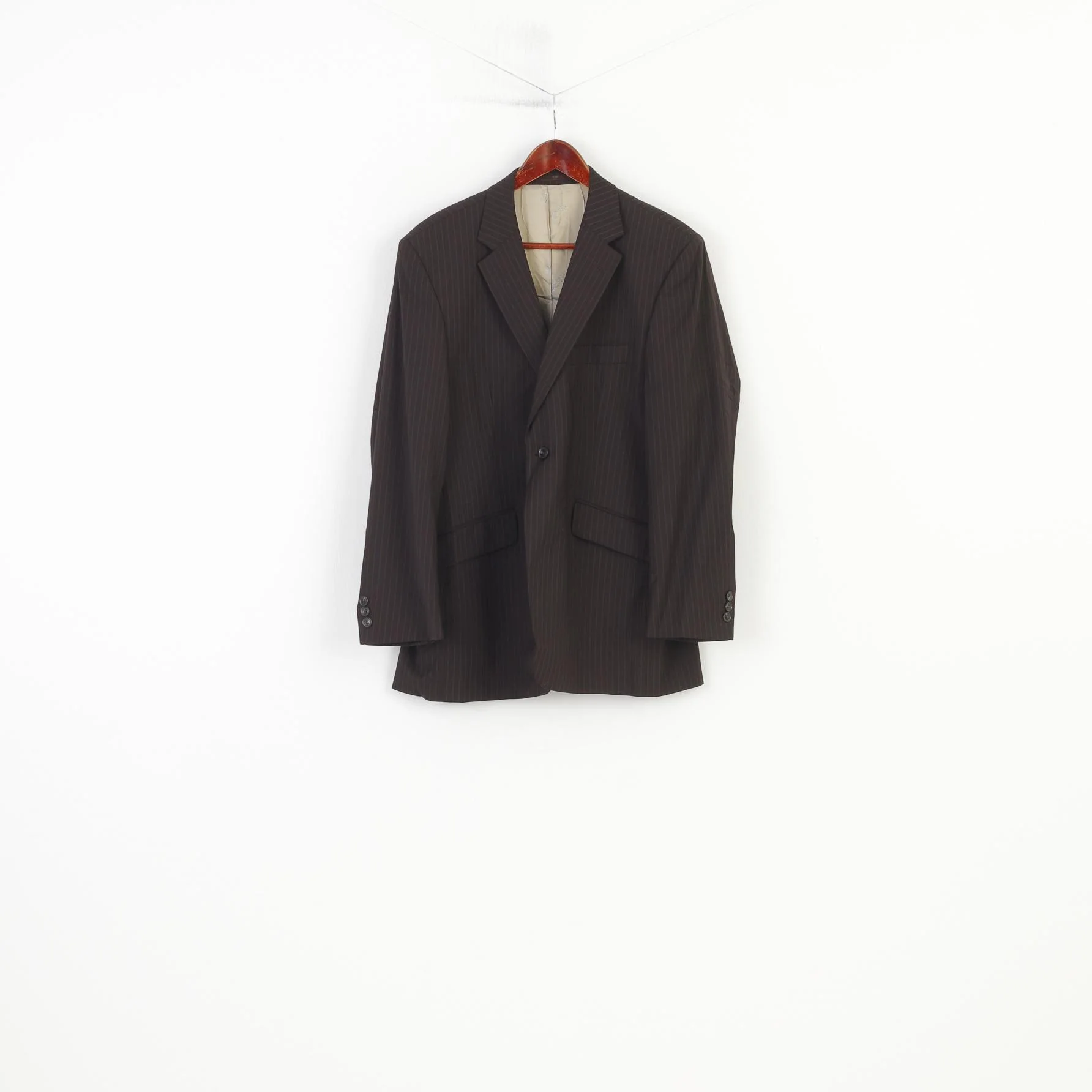 Studio Jeff Banks Men 52 42 Blazer Brown Striped Viscose Single Breasted Shoulder Pads Jacket