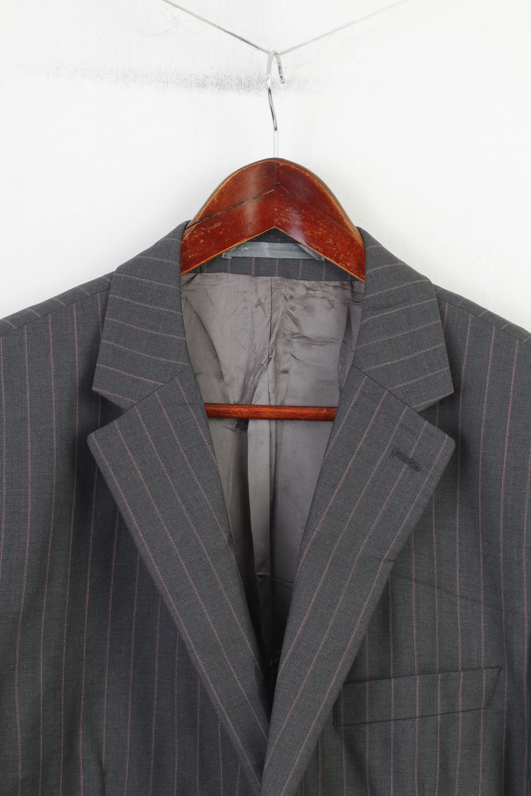 Stvdio Jeff Banks Men 44 54 Blazer Grey Single Breasted Wool Shoulder Pads Long Striped Jacket - Image 2