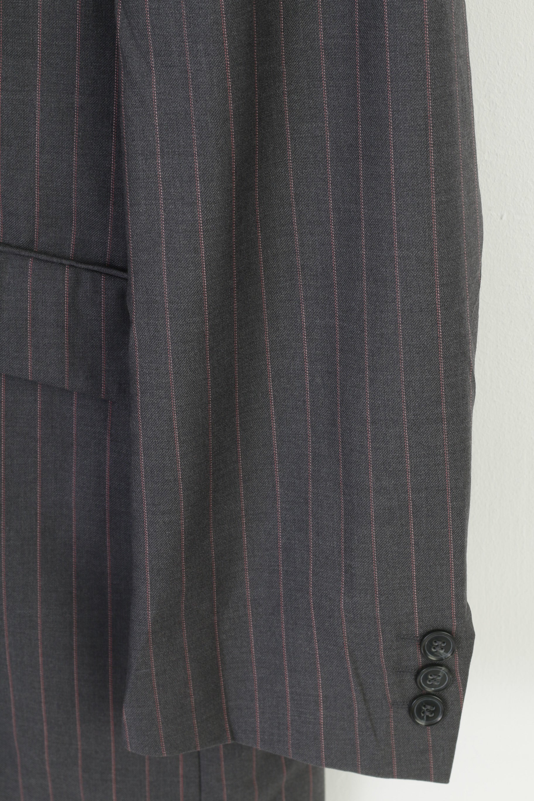 Stvdio Jeff Banks Men 44 54 Blazer Grey Single Breasted Wool Shoulder Pads Long Striped Jacket - Image 3