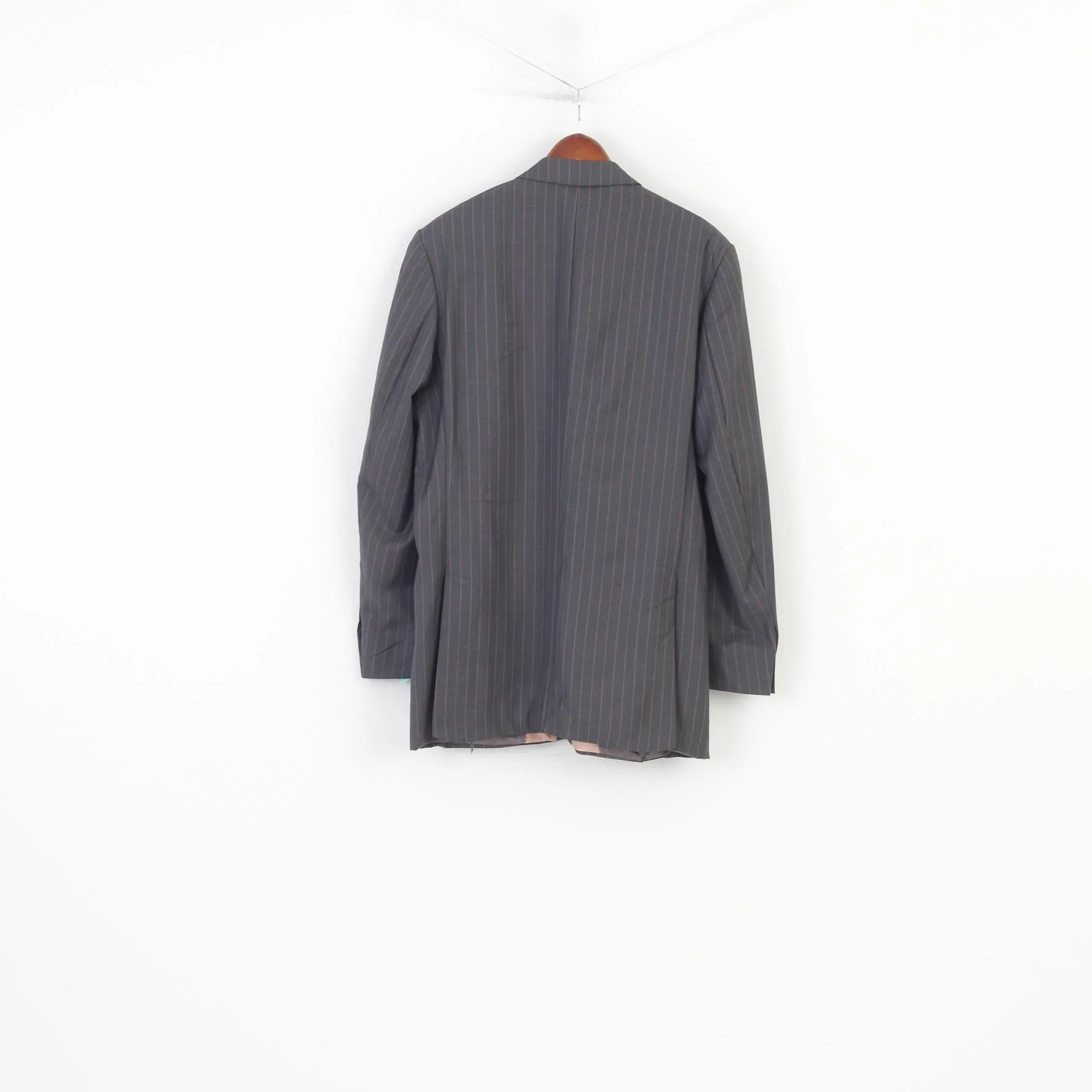 Stvdio Jeff Banks Men 44 54 Blazer Grey Single Breasted Wool Shoulder Pads Long Striped Jacket - Image 7