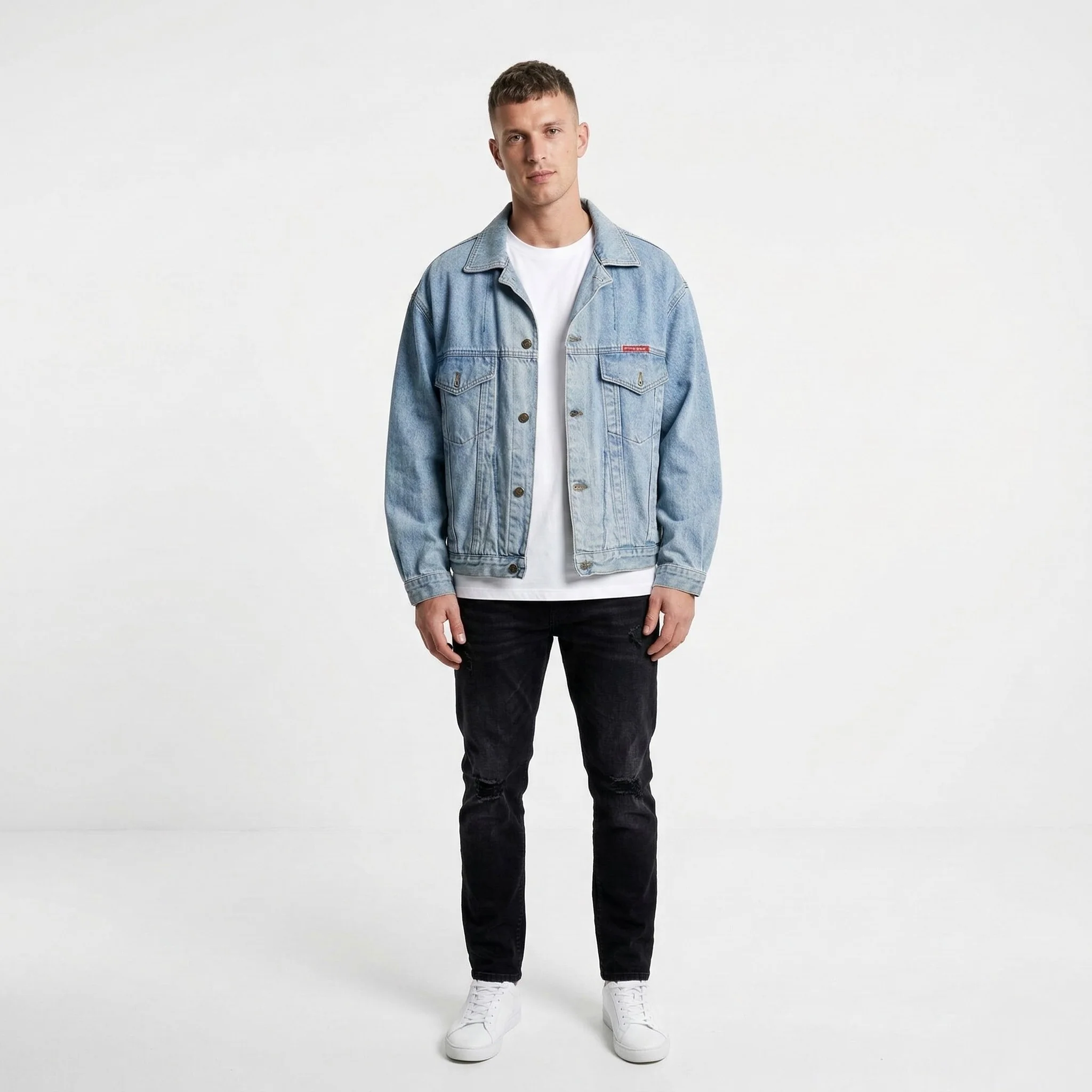 SUPER CONS Men L Denim Jacket Light Blue Cotton Vintage 90s Jeans Top