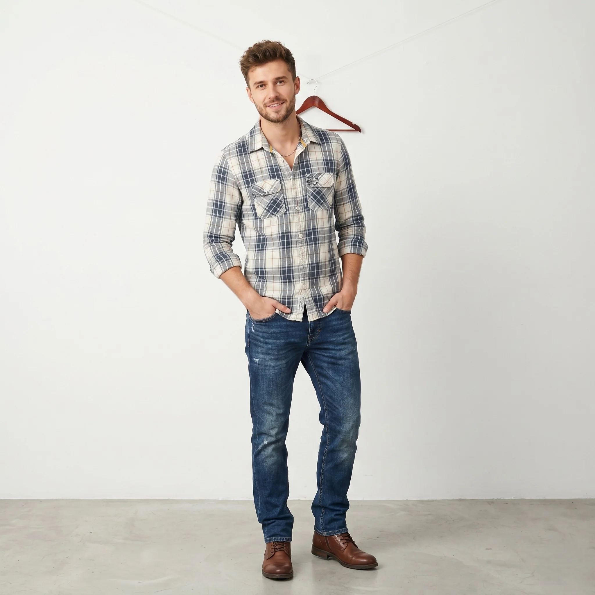 Superdry Men M Casual Shirt Beige Check Cotton Pocket Long Sleeve Top