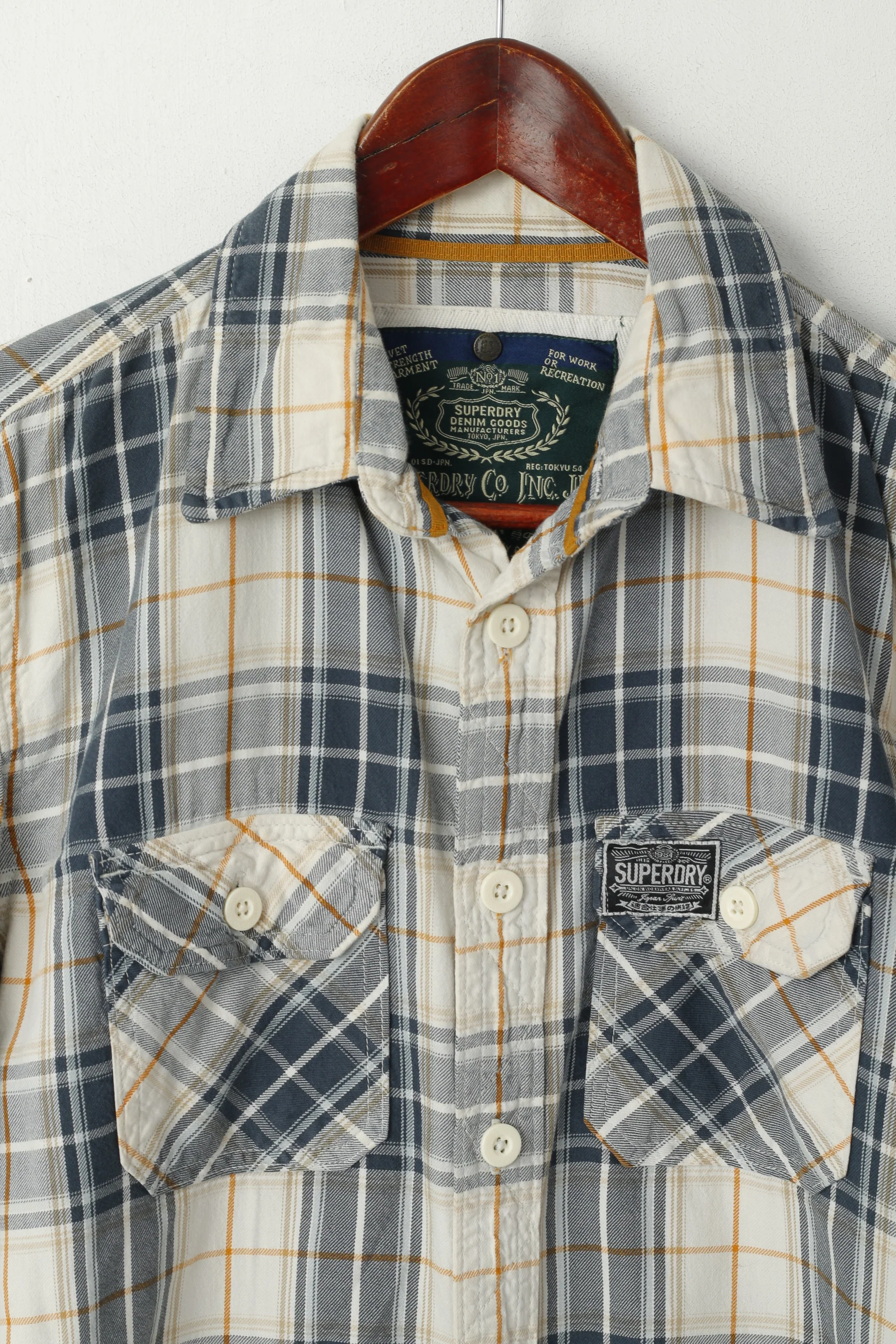 Superdry Men M Casual Shirt Beige Check Cotton Pocket Long Sleeve Top - Image 3