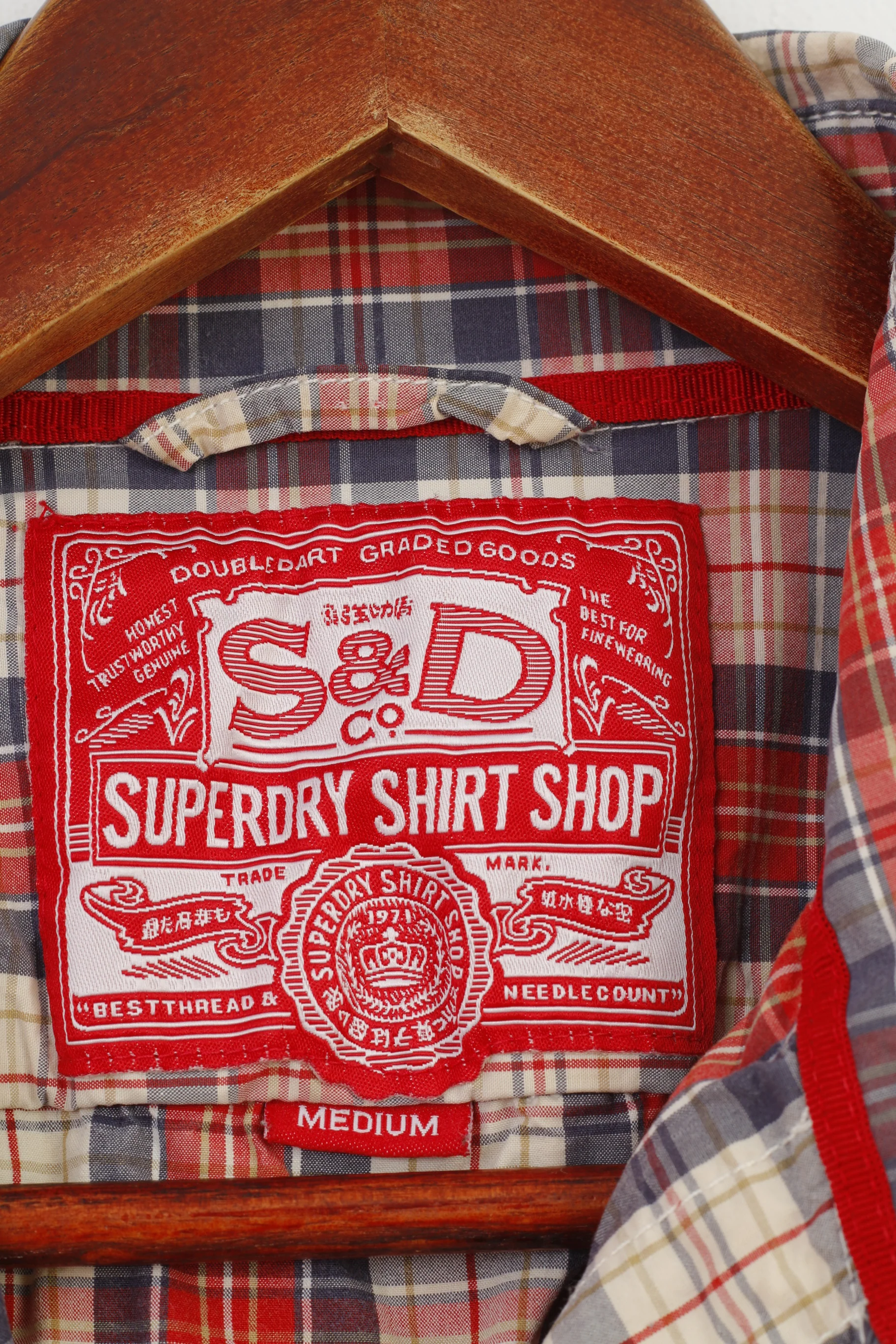 Superdry Men M S Casual Shirt Checkered Red Cotton Vintage Long Sleeve Top - Image 4