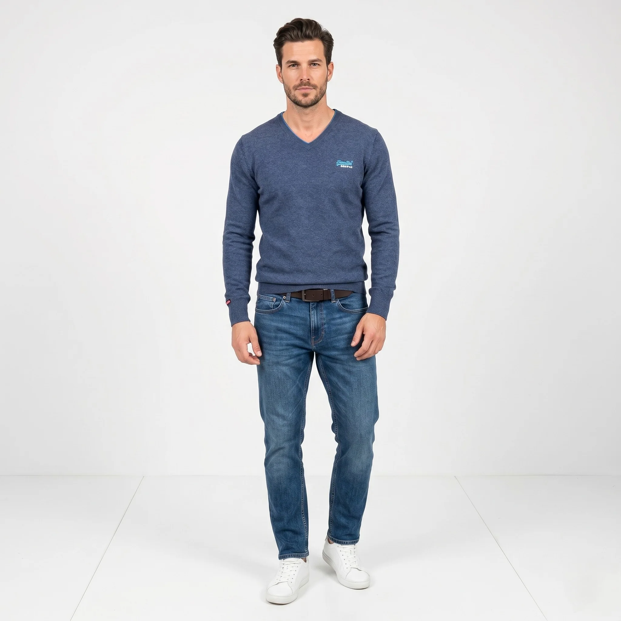 Superdry Men S Jumper Blue Cotton Cashmere Blend V Neck Soft vintage Sweater