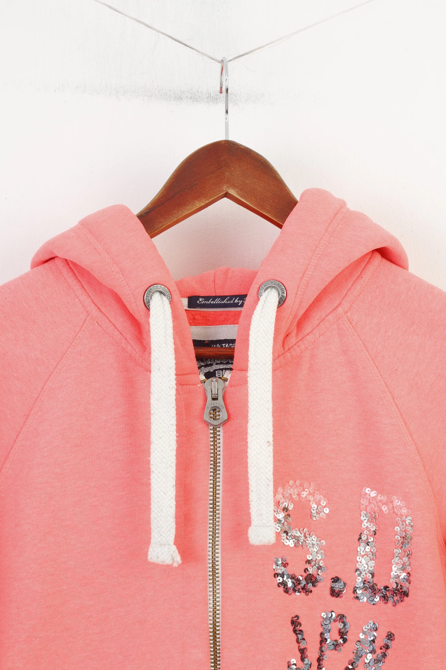 Superdry Woman M Sweatshirt Pink Full Zipper Vintage Sport Premium Cotton Sequins Hoodie Top - Image 2