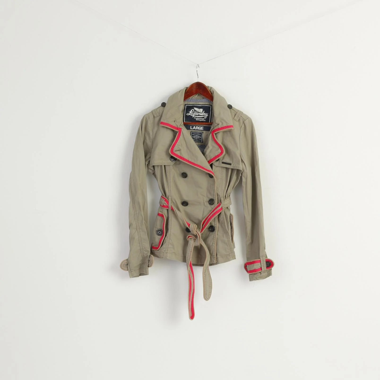 Superdry Women L (M) Jacket Beige Vintage Mac 100% Cotton Belted Fited Top - Image 2