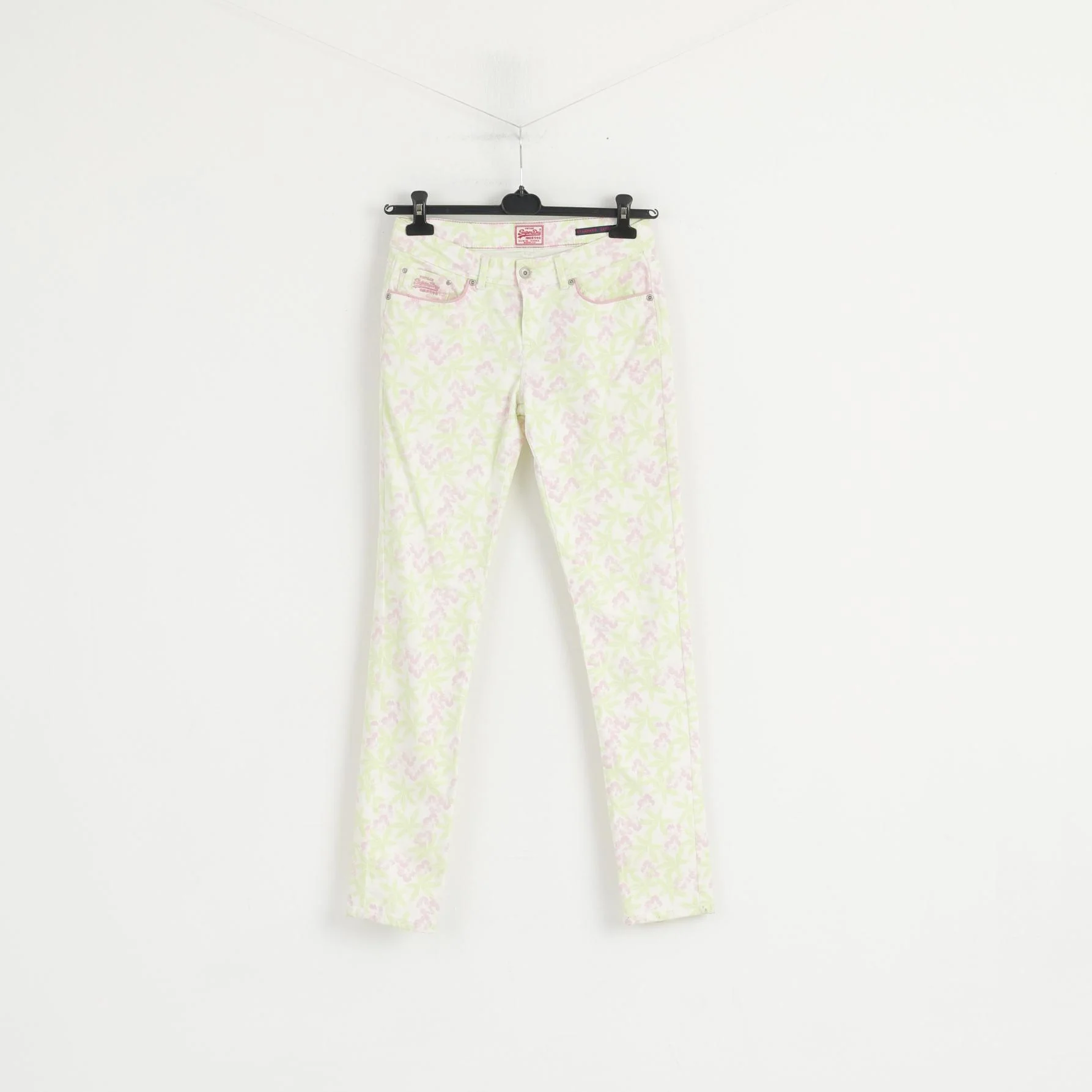 Superdry Women W 29 L 32 Trousers White Neon Floral Standard Skinny Cotton Pants - Image 2