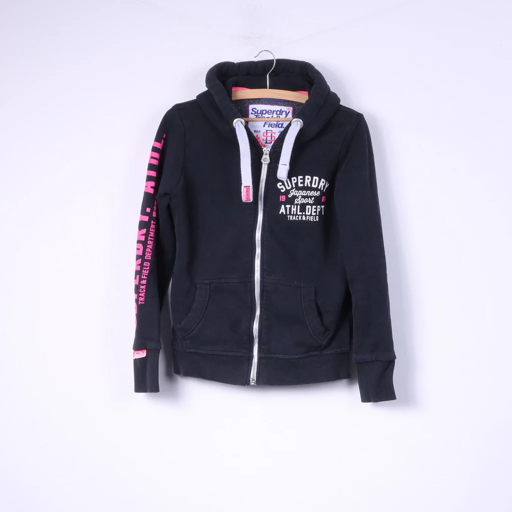 Superdry Womens M Sweatshirt Full Zipper Navy Top Track&Field Cotton Hooded