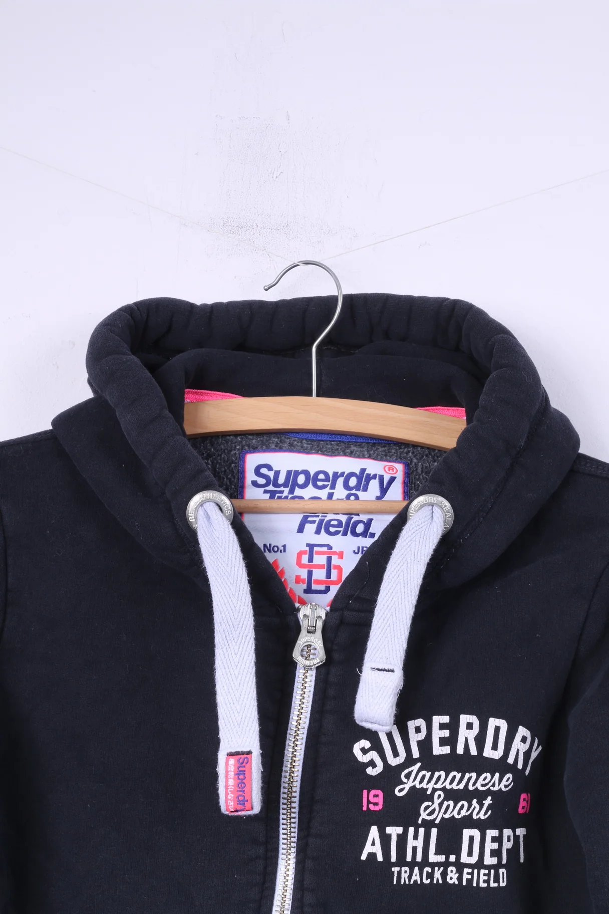Superdry Womens M Sweatshirt Full Zipper Navy Top Track&Field Cotton Hooded - Image 2
