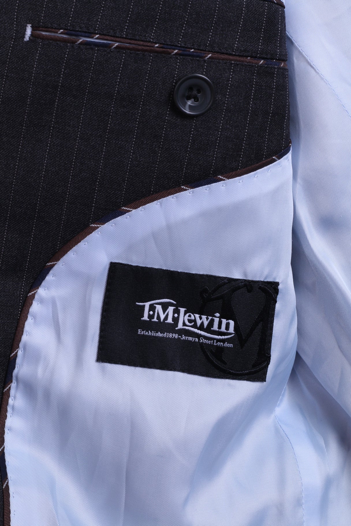T.M.Lewin Mens 38R M Jacket Blazer Merino Wool Dark Grey Striped - Image 5