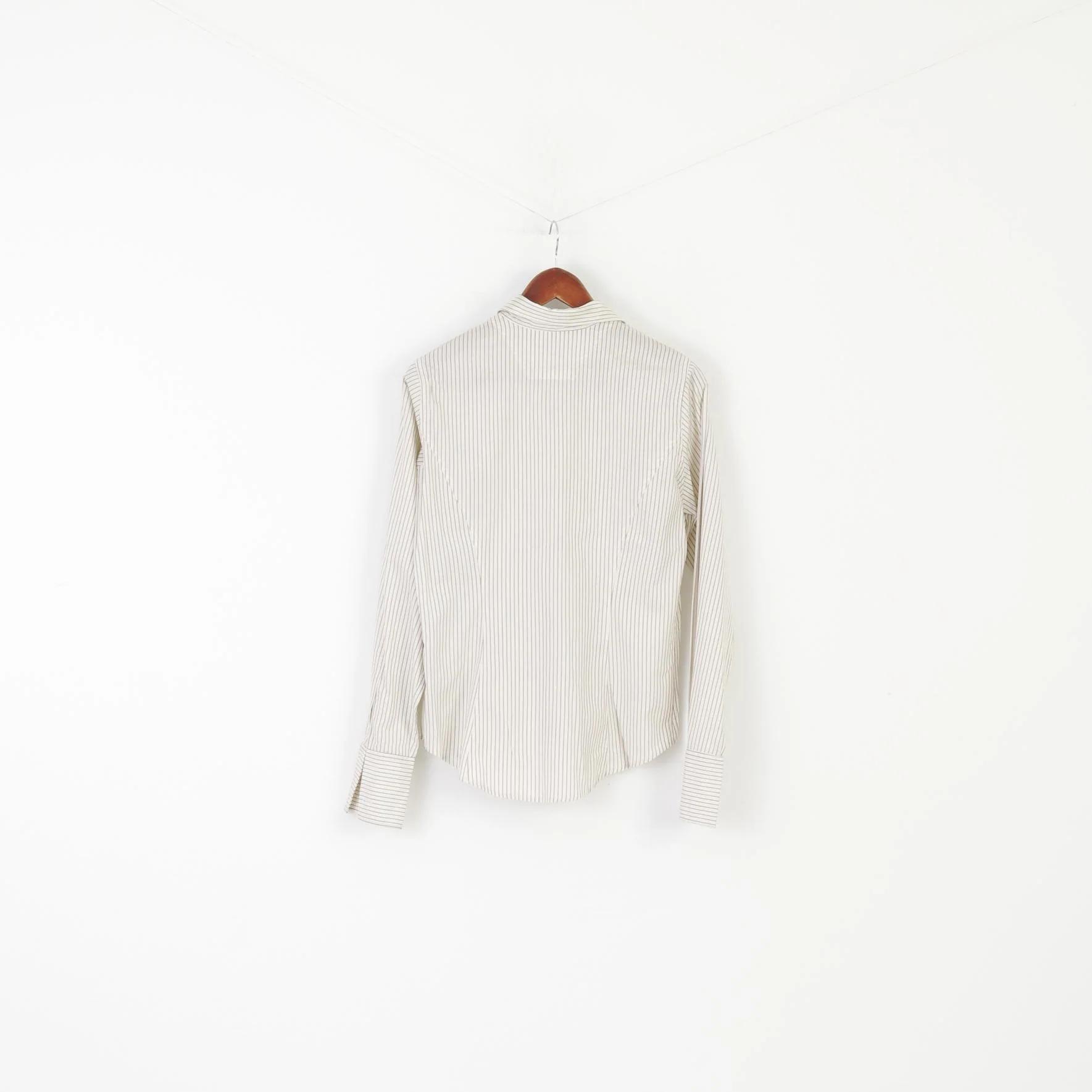 T.M. Lewin Women 14 M Casual Shirt Beige Cotton Shiny Striped Long Sleeve Top - Image 6