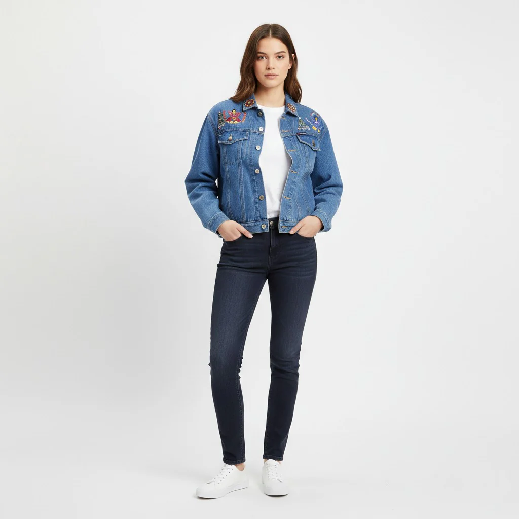 The Blue Log Jeans Women L Denim Jacket Indian Cotton Emroidered Boho Top