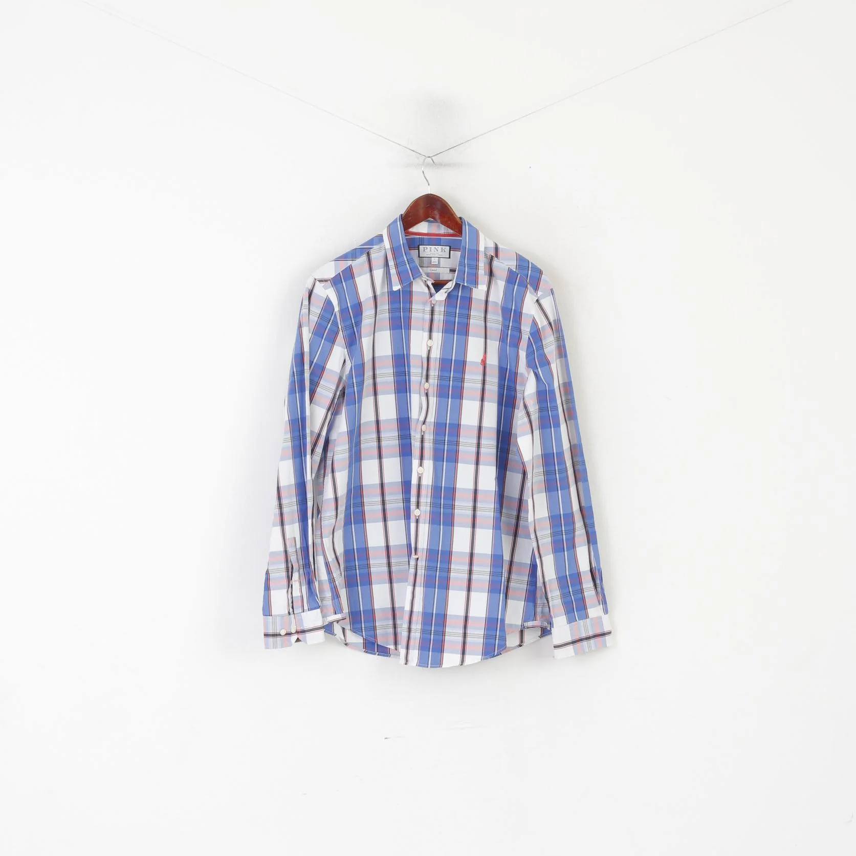 Thomas Pink London Men L Casual Shirt Blue Cotton Check Long Sleeve Top
