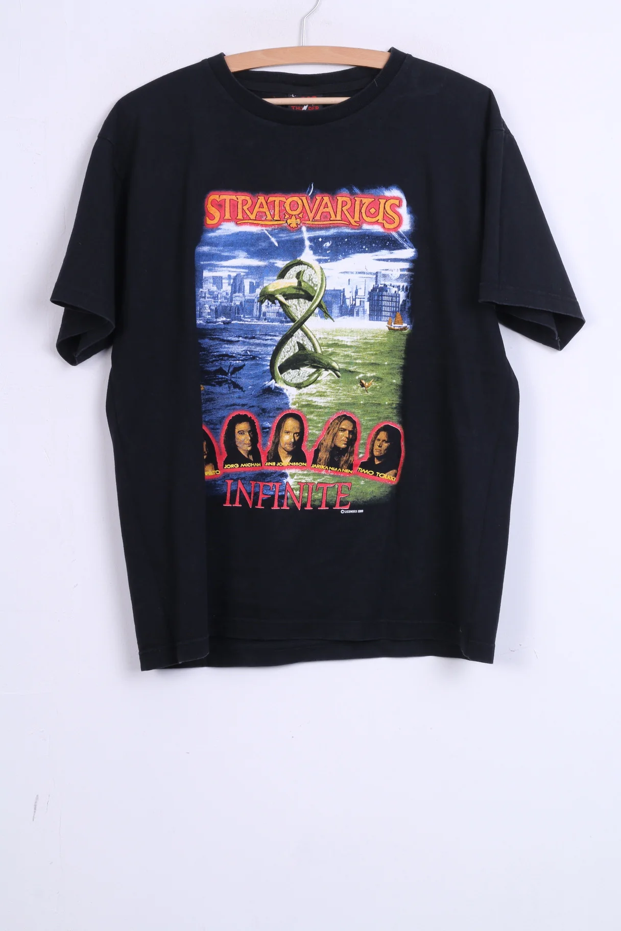 Thunder Mens L T-Shirt Black Cotton Crew Neck Stratovarius Infinite Top