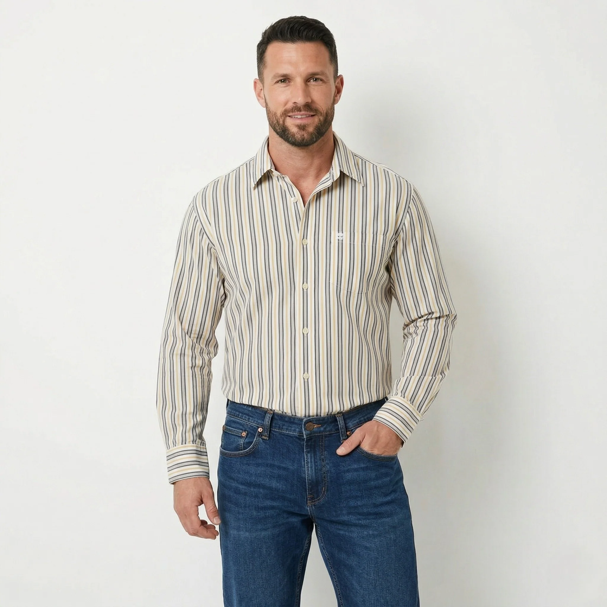Timberland Men L Casual Shirt White Yellow Striped Cotton Organic Long Sleeve