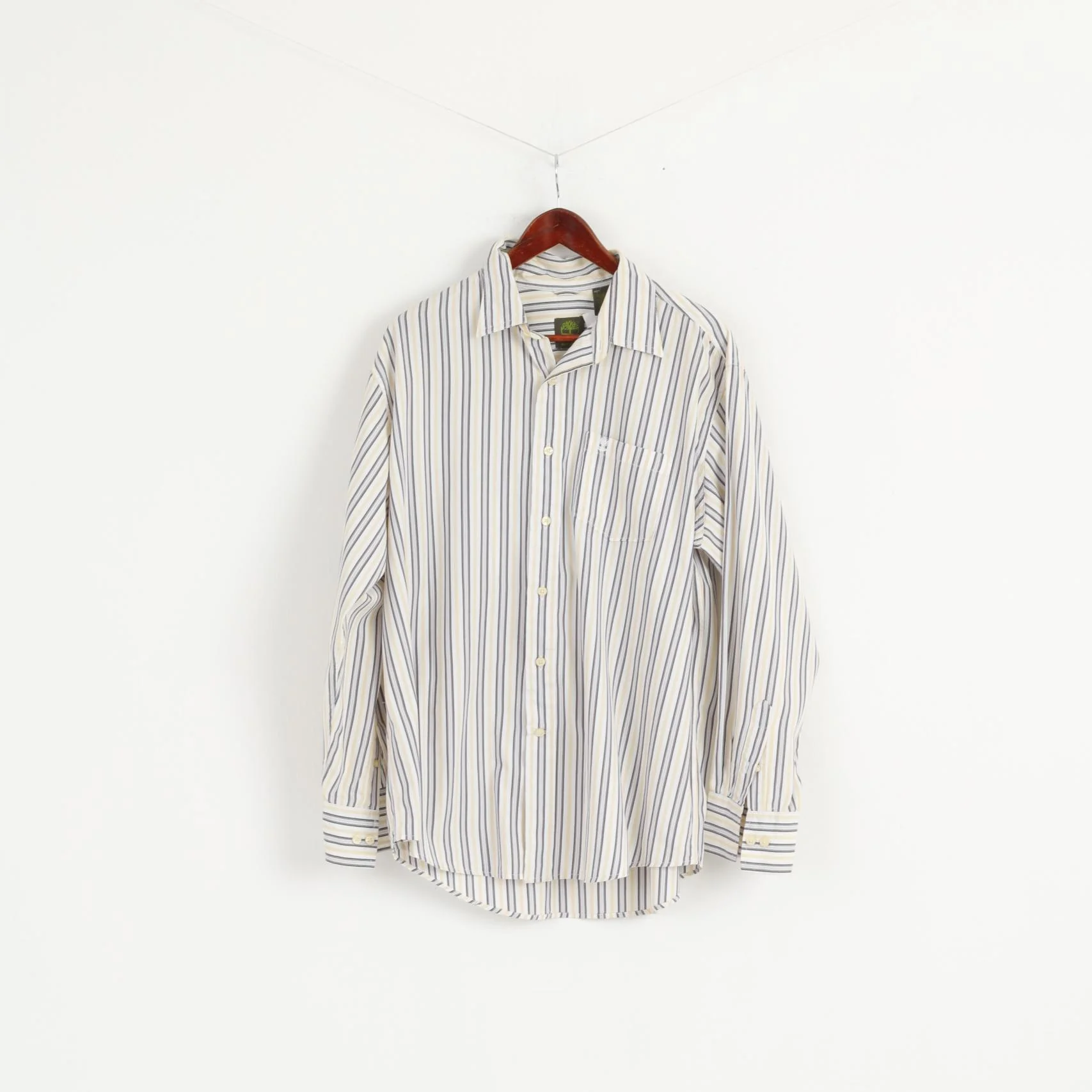 Timberland Men L Casual Shirt White Yellow Striped Cotton Organic Long Sleeve - Image 2