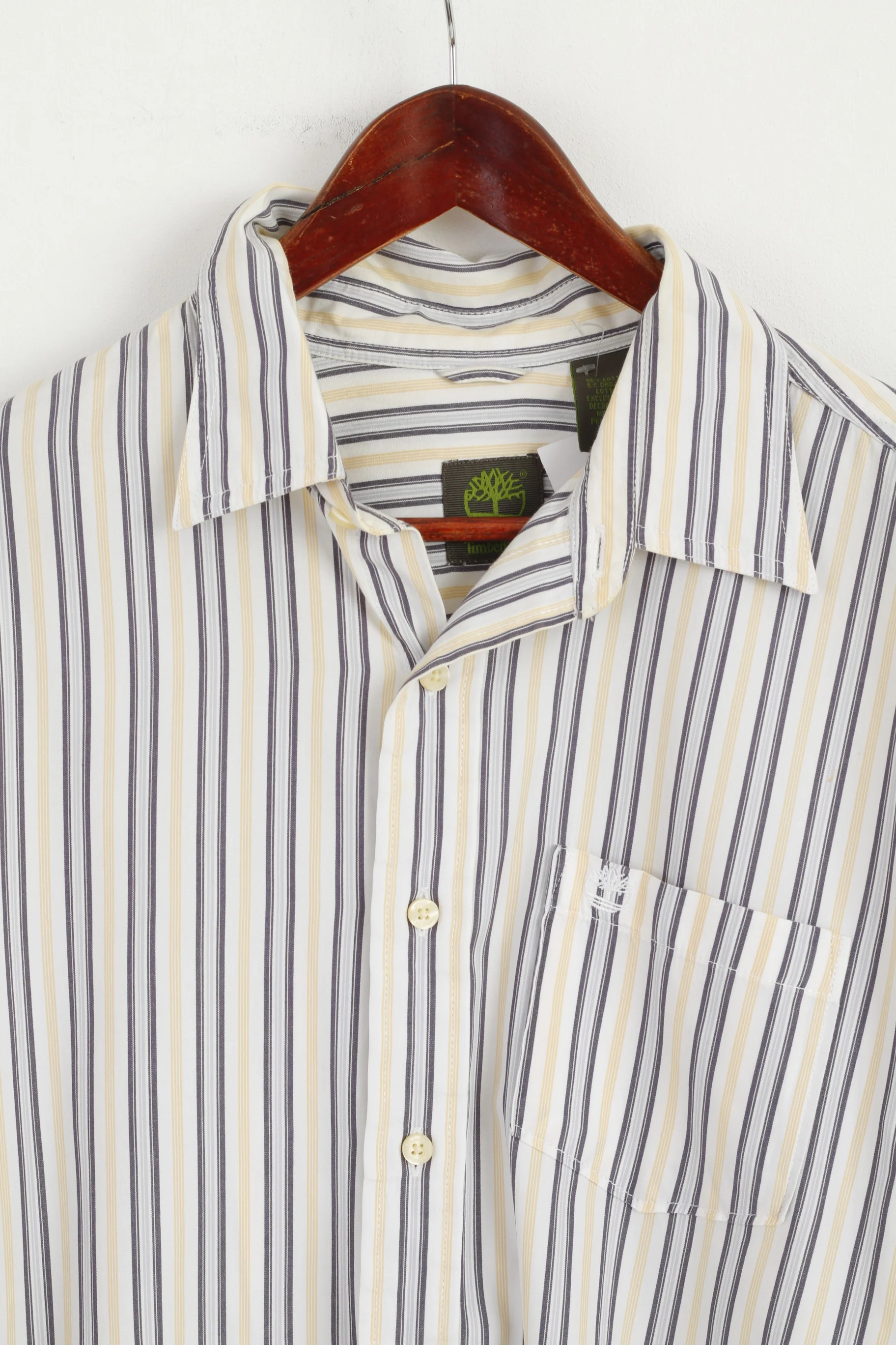Timberland Men L Casual Shirt White Yellow Striped Cotton Organic Long Sleeve - Image 3