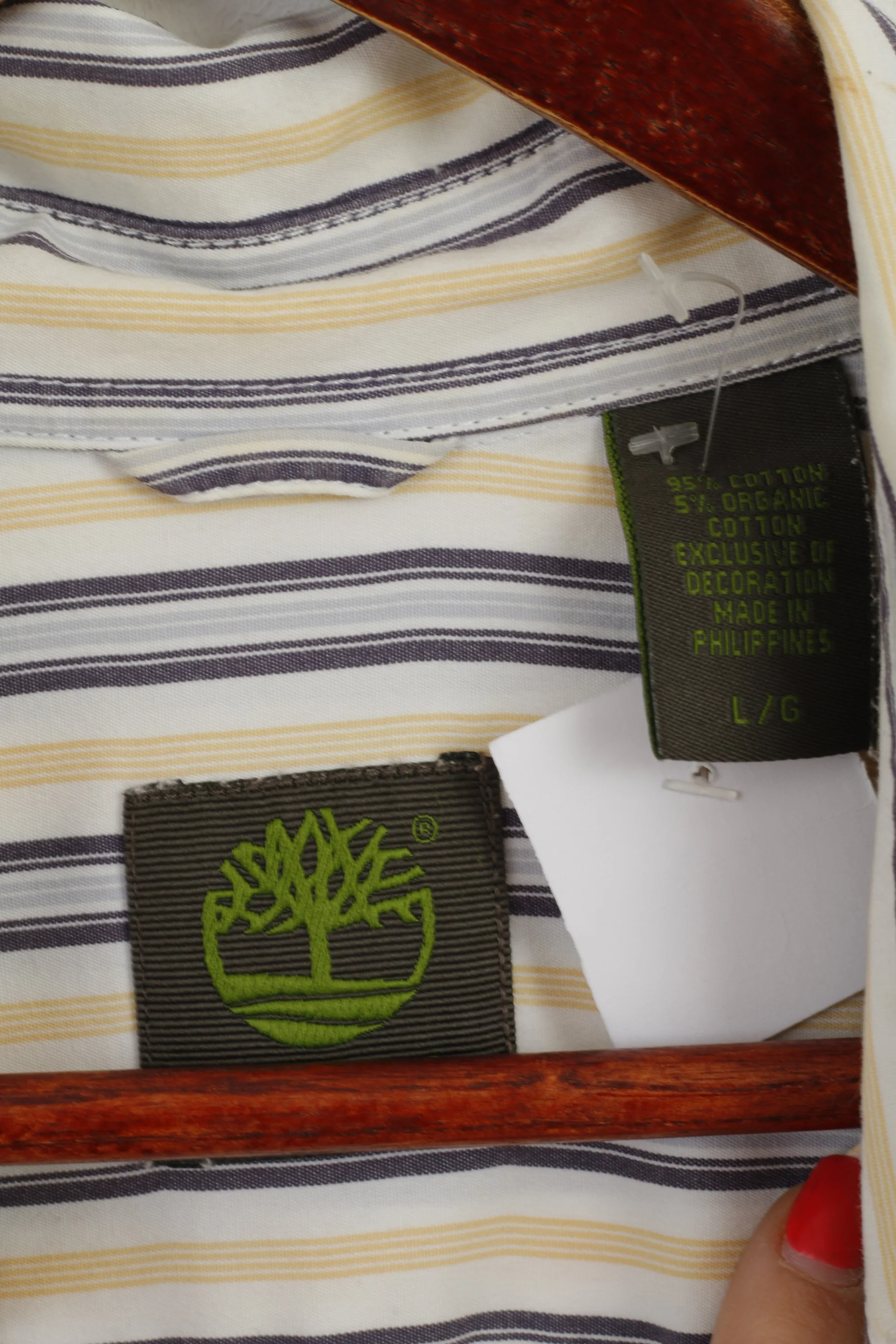 Timberland Men L Casual Shirt White Yellow Striped Cotton Organic Long Sleeve - Image 6