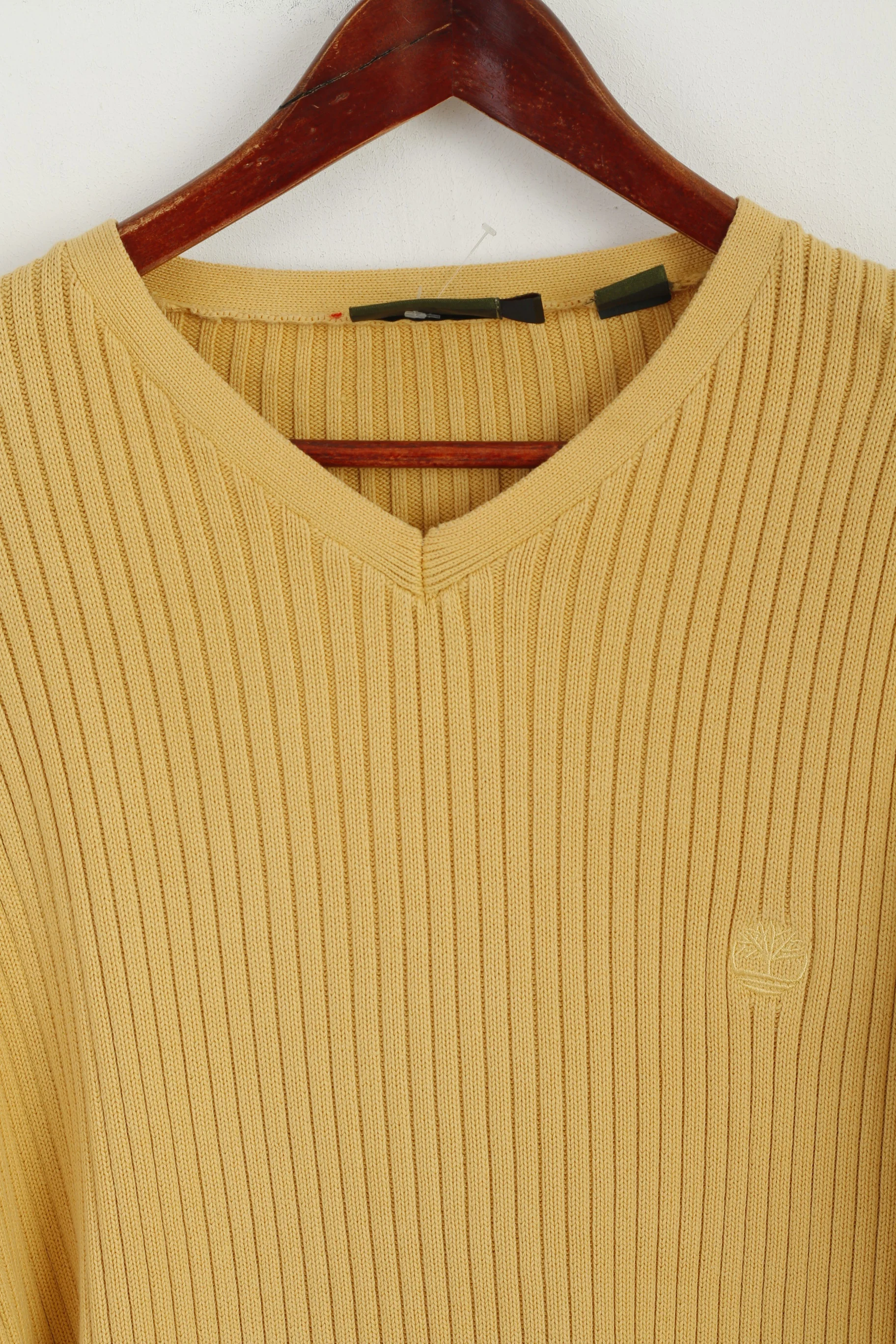 Timberland Men L Jumper Yellow Striped Vintage 100% Cotton Stretch V Neck Sweater - Image 2