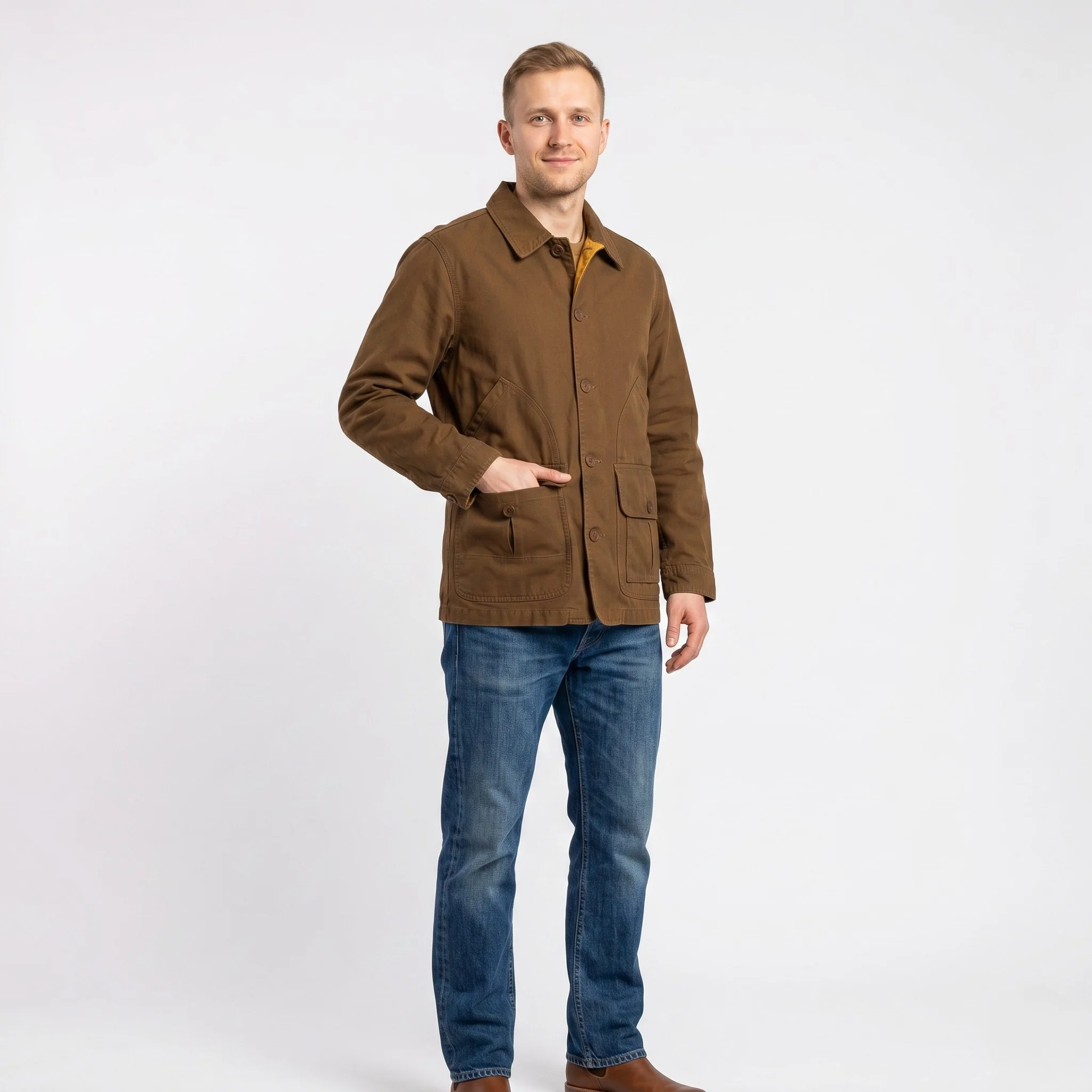 Timberland Men S Jacket Brown Cotton Zip Up Classic Vintage Western Bottoms Collar Top