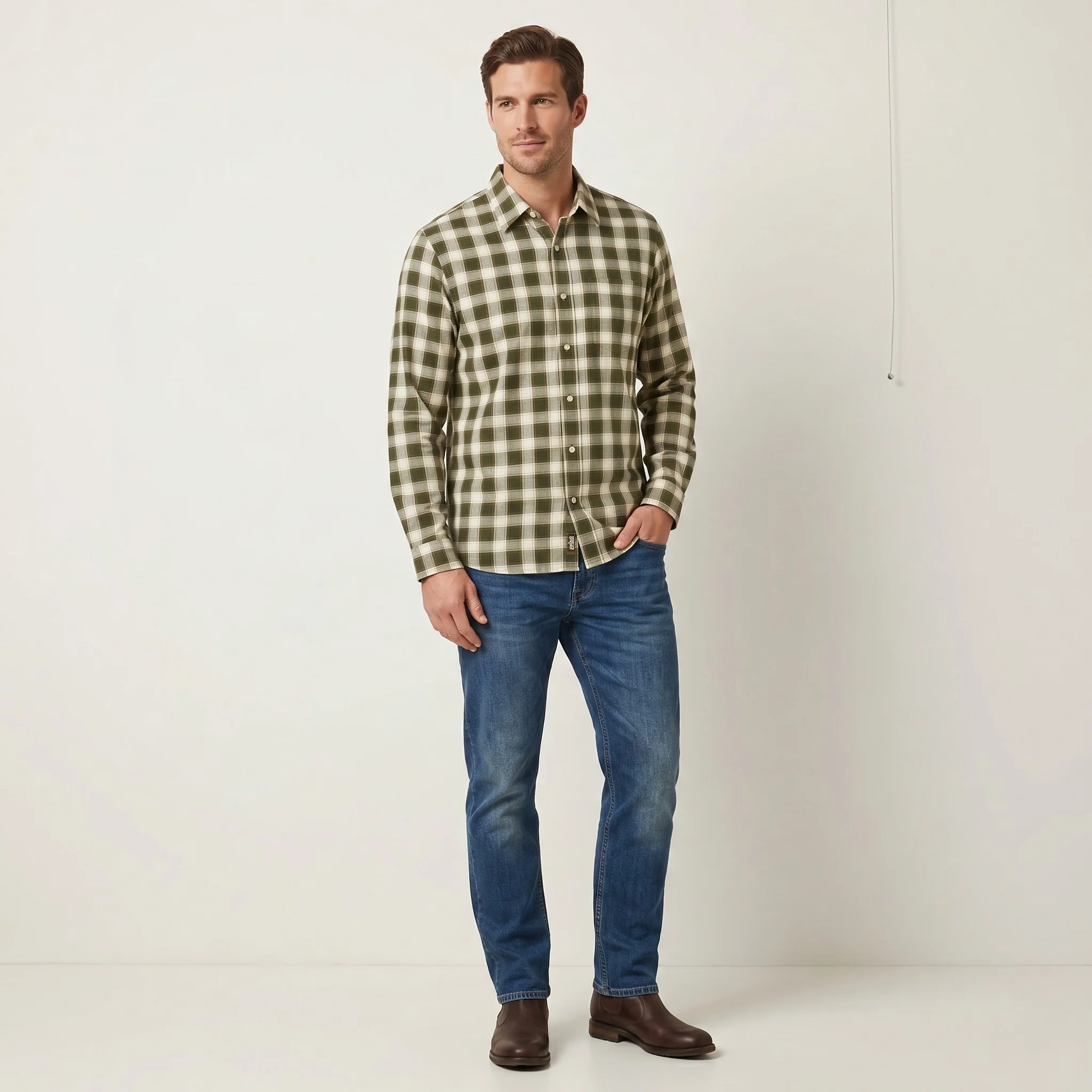 Timberland Men XL Casual Shirt Green Check Cotton Western Long Sleeve Top