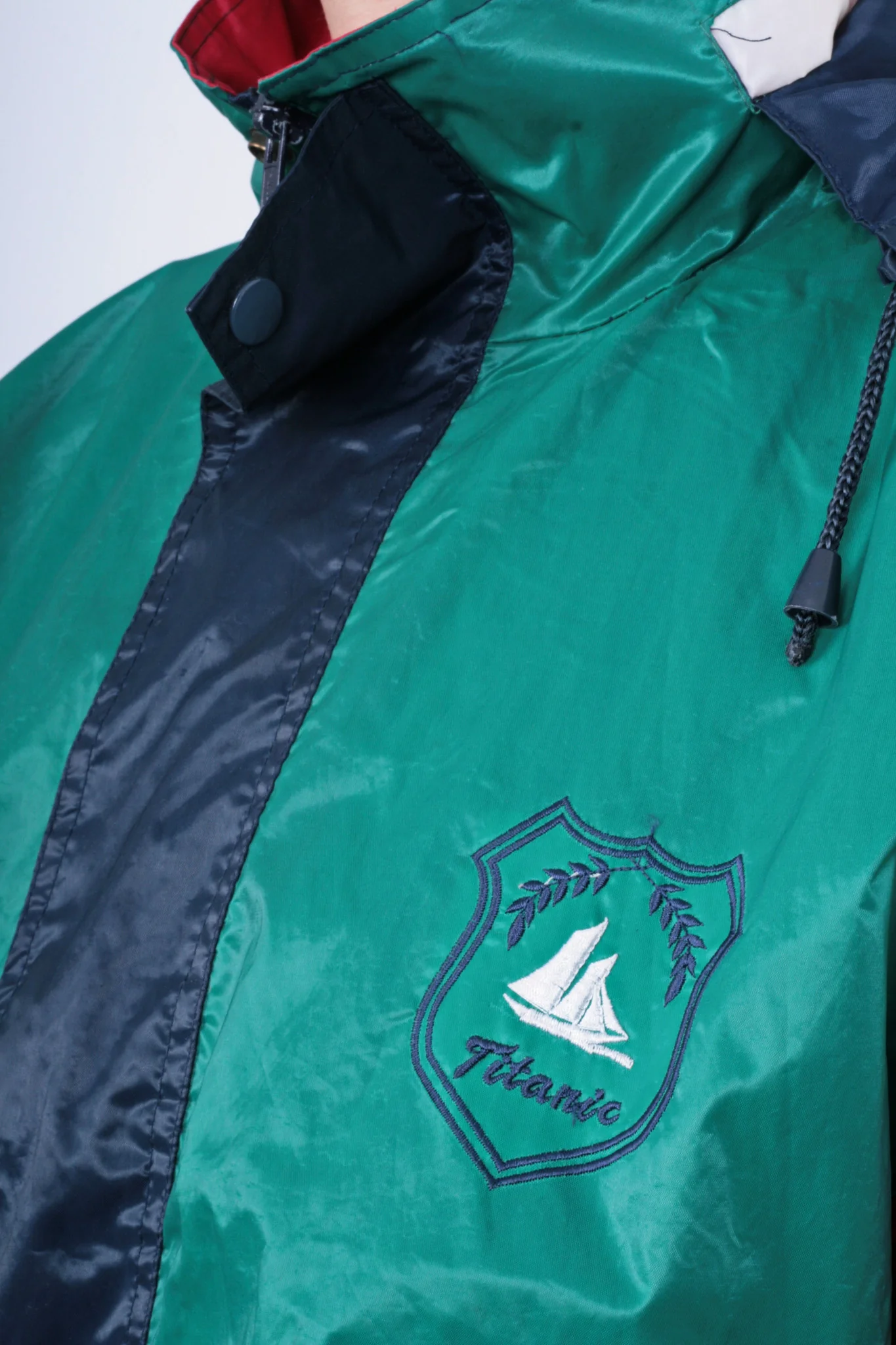 Titanic Mens L XL Vintage Jacket Parka Hood Shiny Navy Blue Green Festival - Image 3