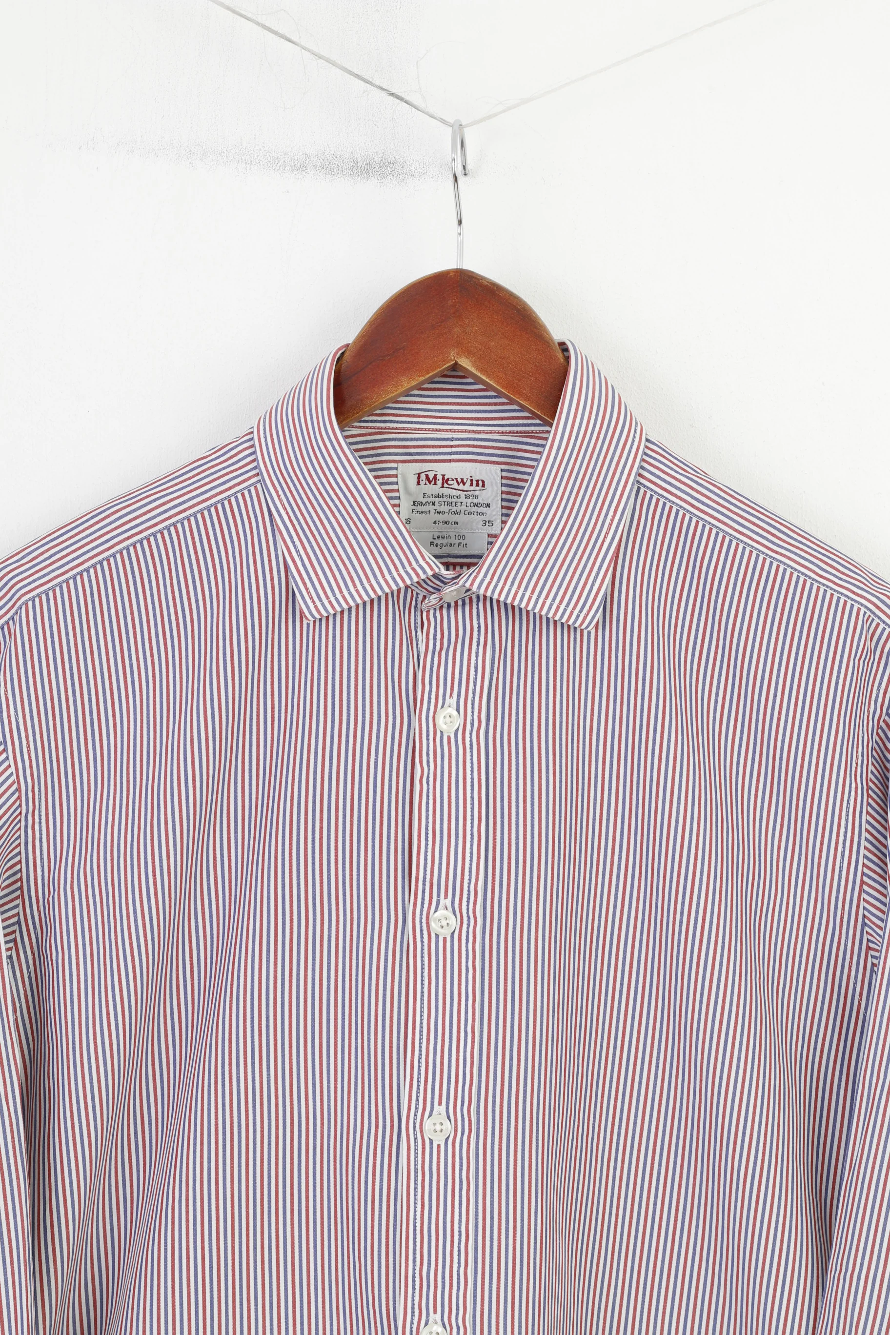 TM Lewin Men 16 35 L Casual Shirt Blue Red Striped Long Sleeve  Cotton Lewin 100  Fit Classic Top - Image 2