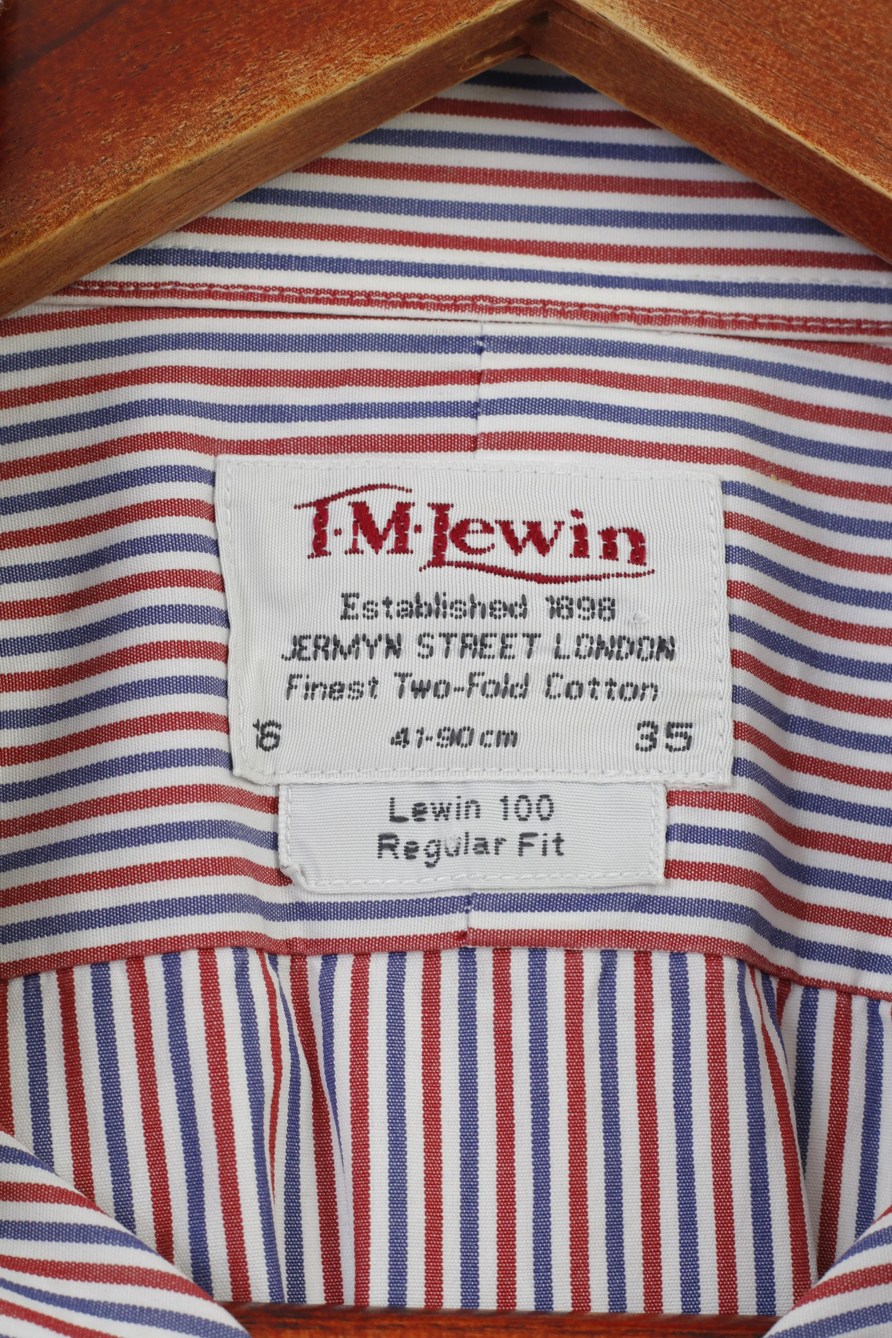 TM Lewin Men 16 35 L Casual Shirt Blue Red Striped Long Sleeve  Cotton Lewin 100  Fit Classic Top - Image 4