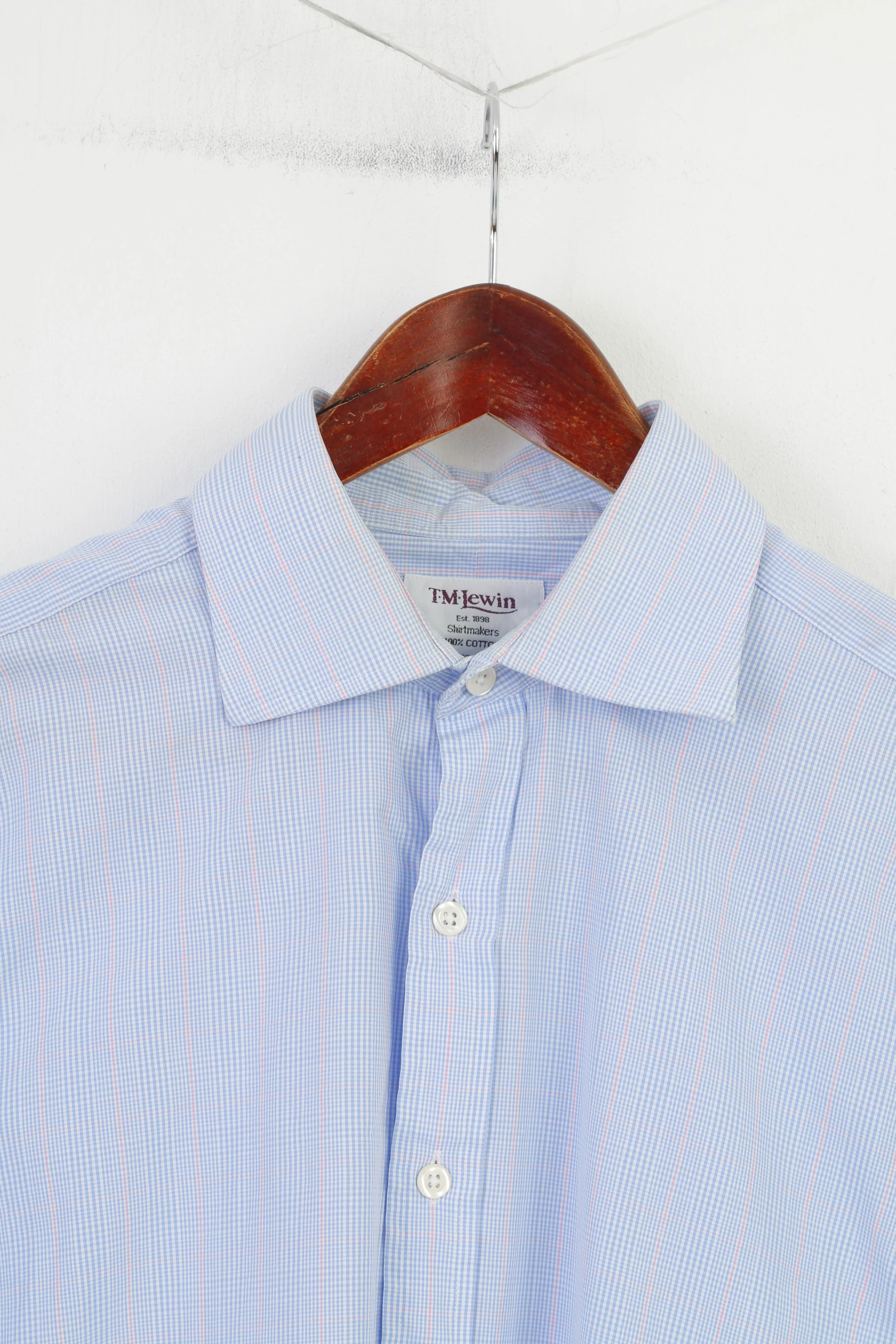 TM Lewin Men 34.5 L Casual Shirt Blue Checkered Cotton Cuffs Long Sleeve Classic Top - Image 2