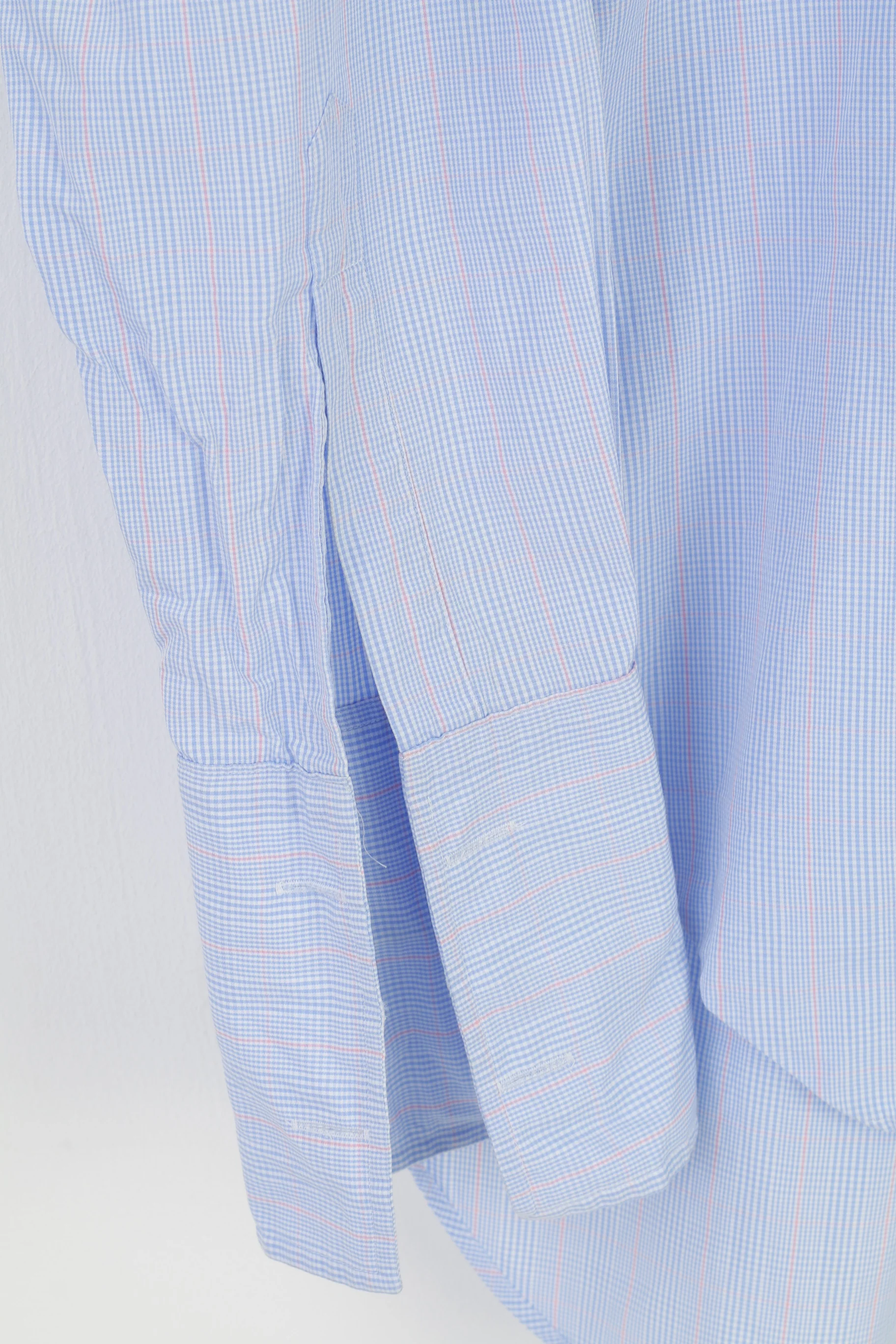 TM Lewin Men 34.5 L Casual Shirt Blue Checkered Cotton Cuffs Long Sleeve Classic Top - Image 3