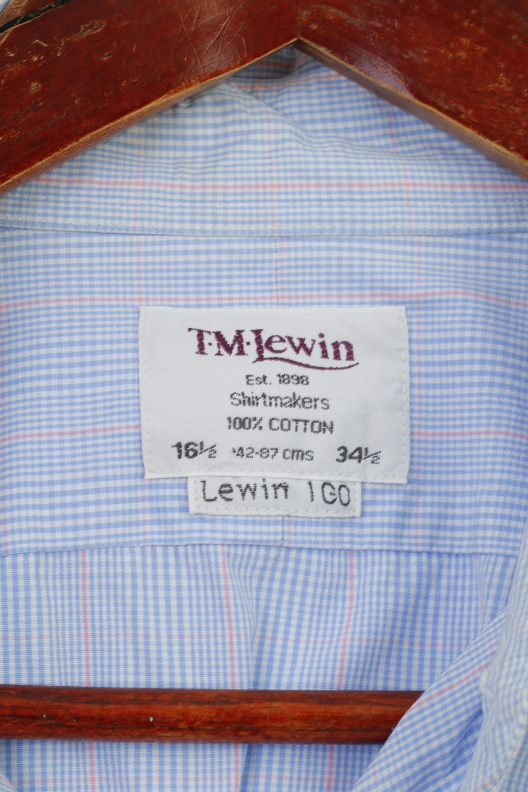 TM Lewin Men 34.5 L Casual Shirt Blue Checkered Cotton Cuffs Long Sleeve Classic Top - Image 4