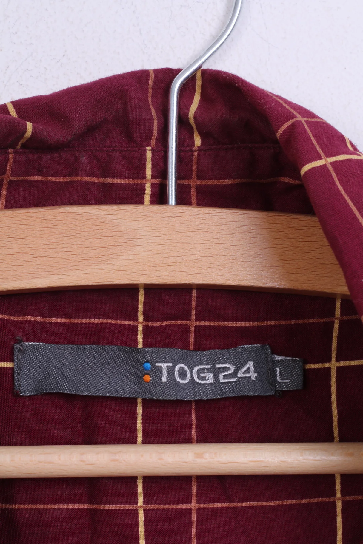 TOG 24 Mens L Casual Shirt Burgundy Short Sleeve Cotton Check - Image 3