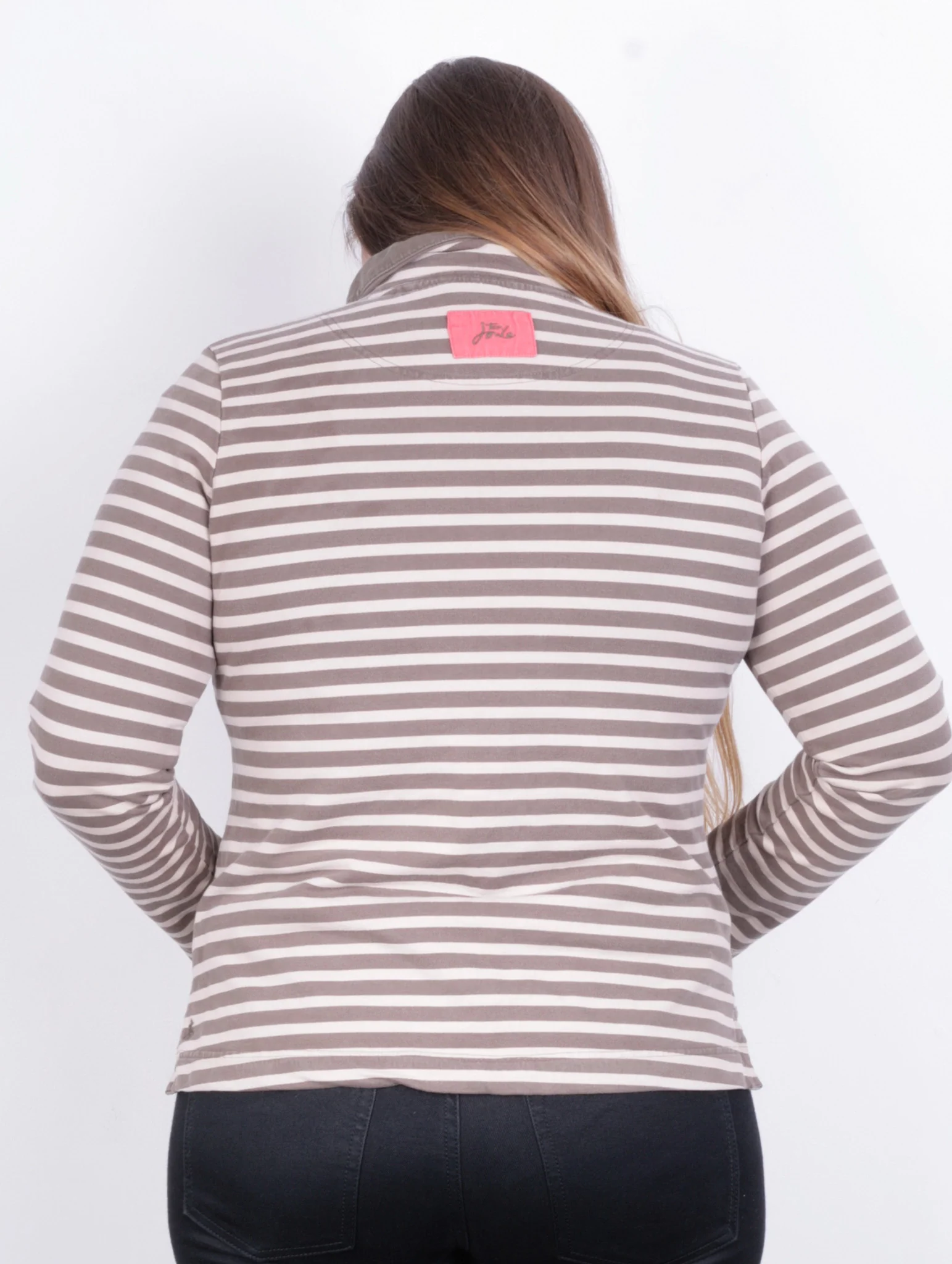 Tom Joule Womens L Sweatshirt Striped Brown Beige Zip Neck Cotton - Image 5
