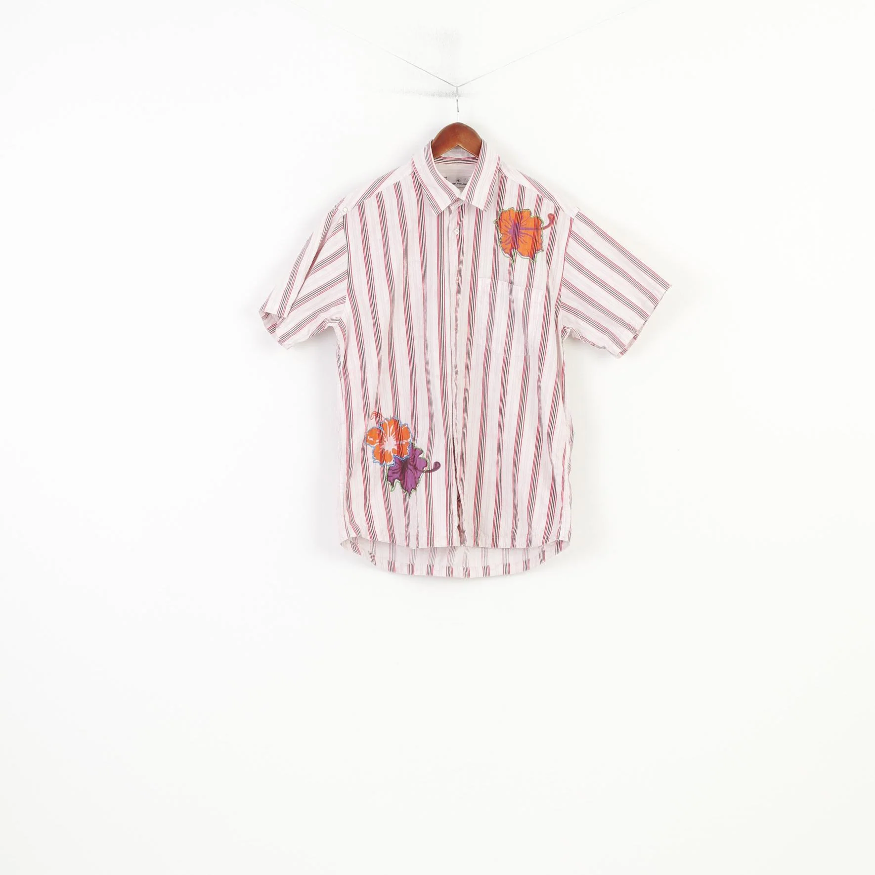 Tom Tailor Men M Casual Shirt Pink Striped Vintage Short Sleeve Floral Print Cotton Top