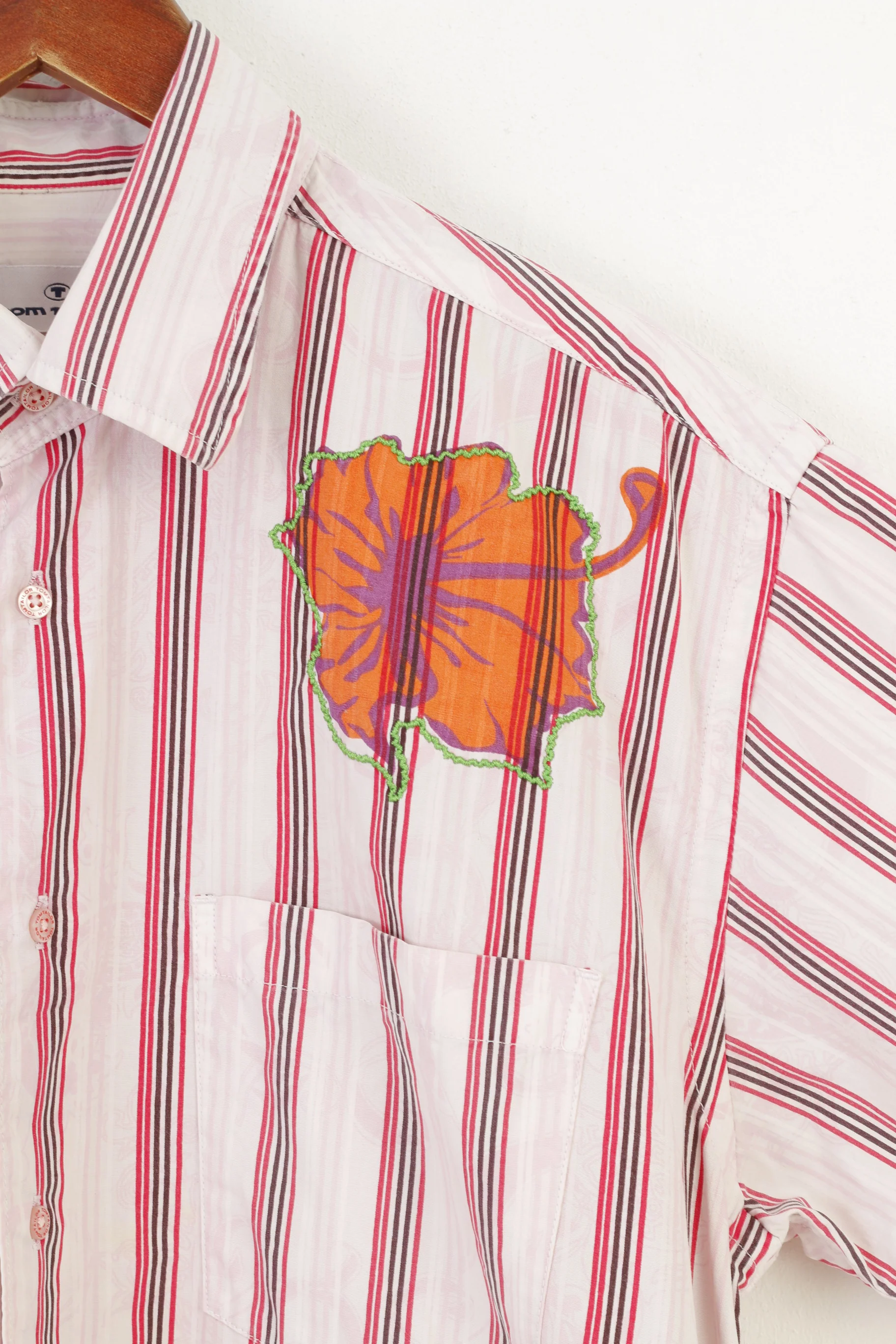 Tom Tailor Men M Casual Shirt Pink Striped Vintage Short Sleeve Floral Print Cotton Top - Image 4