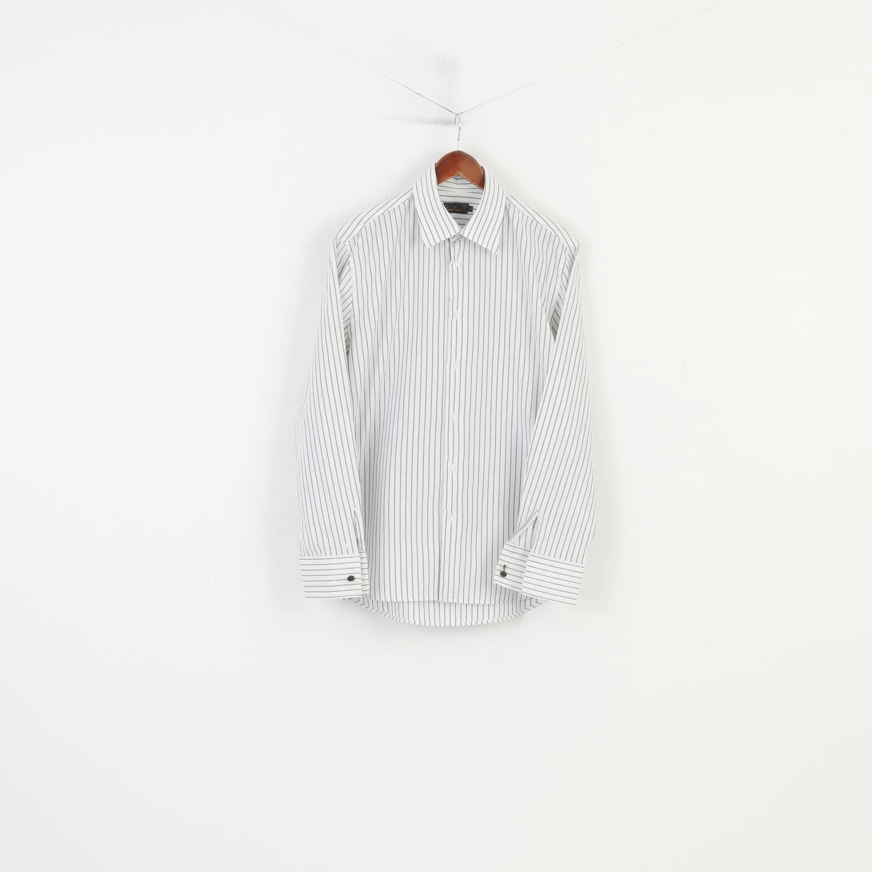 Tom Tailor Men XL Casual Shirt White Cotton Silver Striped Long Sleeve Regular Fit Top