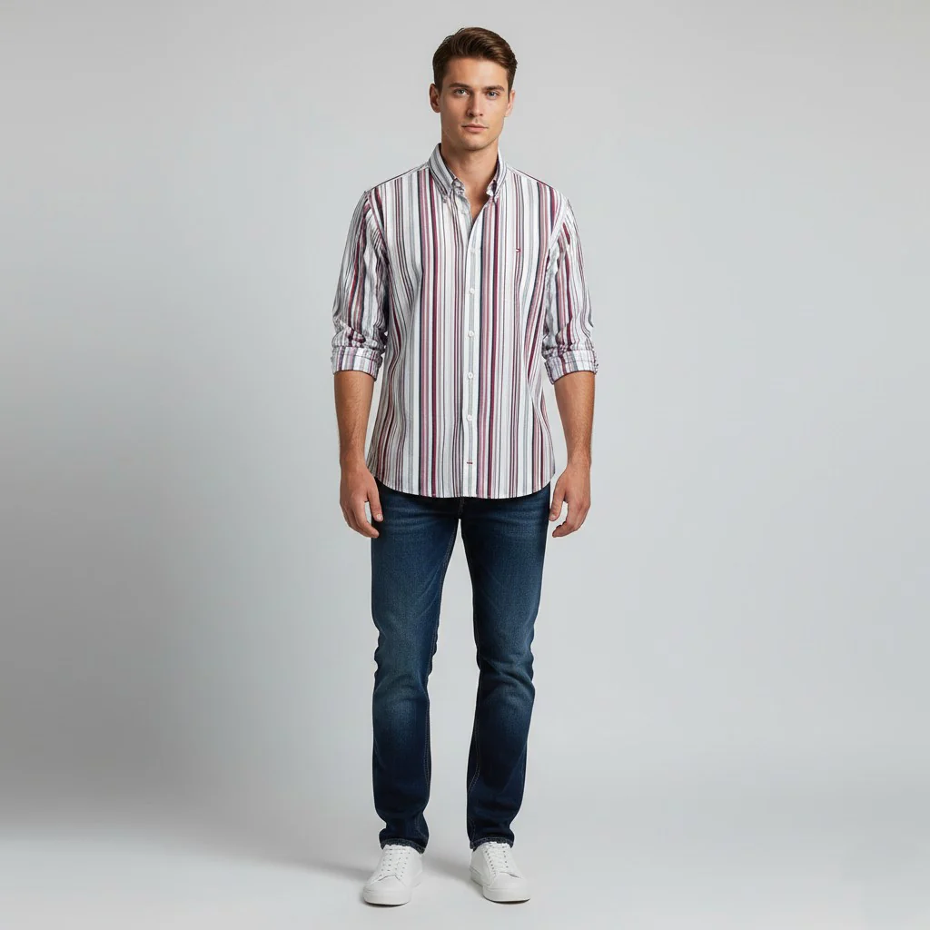 Tommy Hilfiger Men L Casual Shirt Striped Two Ply Cotton Long Sleeve Top