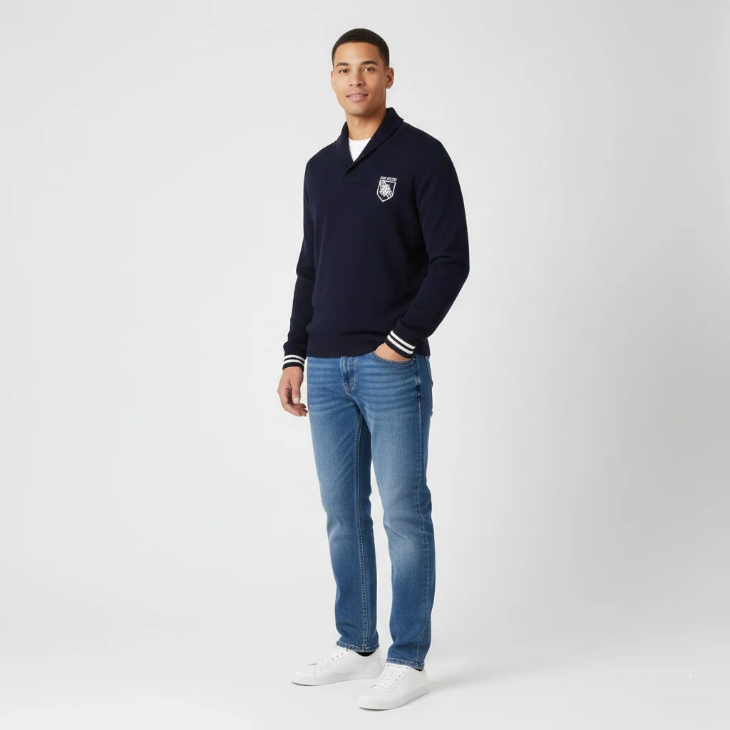 Tommy Hilfiger Men L Jumper Navy Cotton Knit Shawl Collar Pullover Sweater