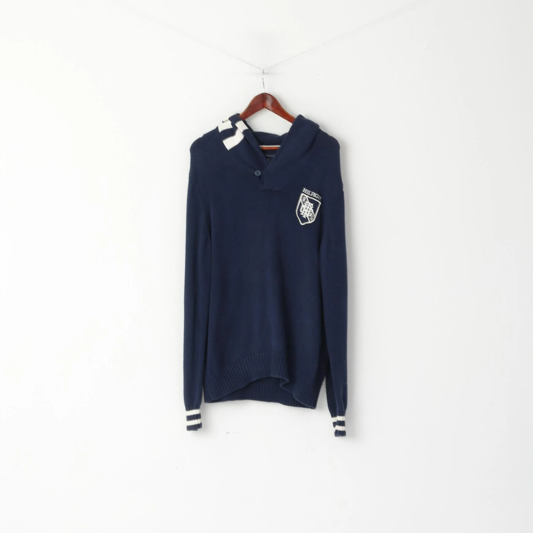 Tommy Hilfiger Men L Jumper Navy Cotton Knit Shawl Collar Pullover Sweater - Image 2