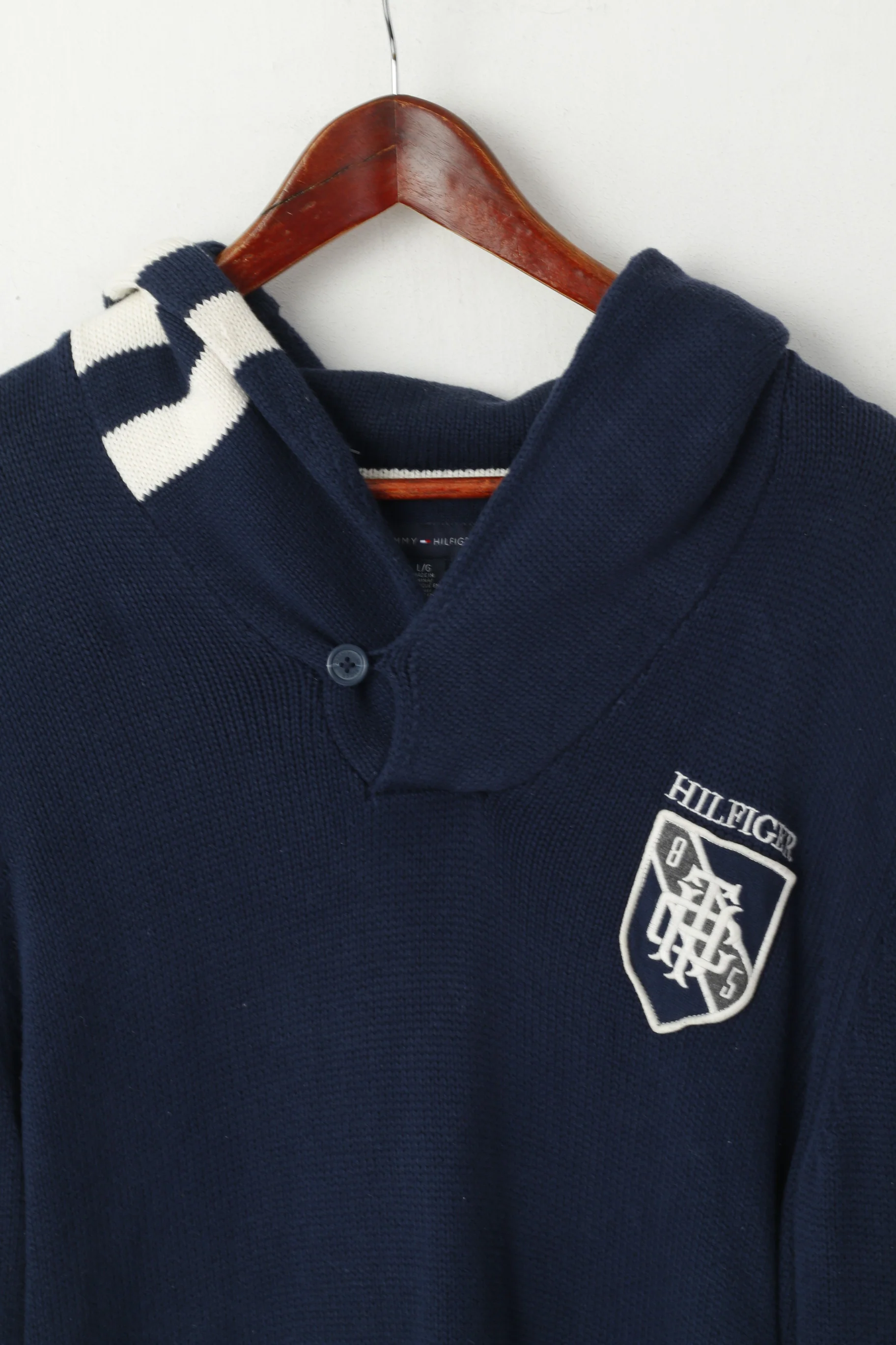 Tommy Hilfiger Men L Jumper Navy Cotton Knit Shawl Collar Pullover Sweater - Image 3
