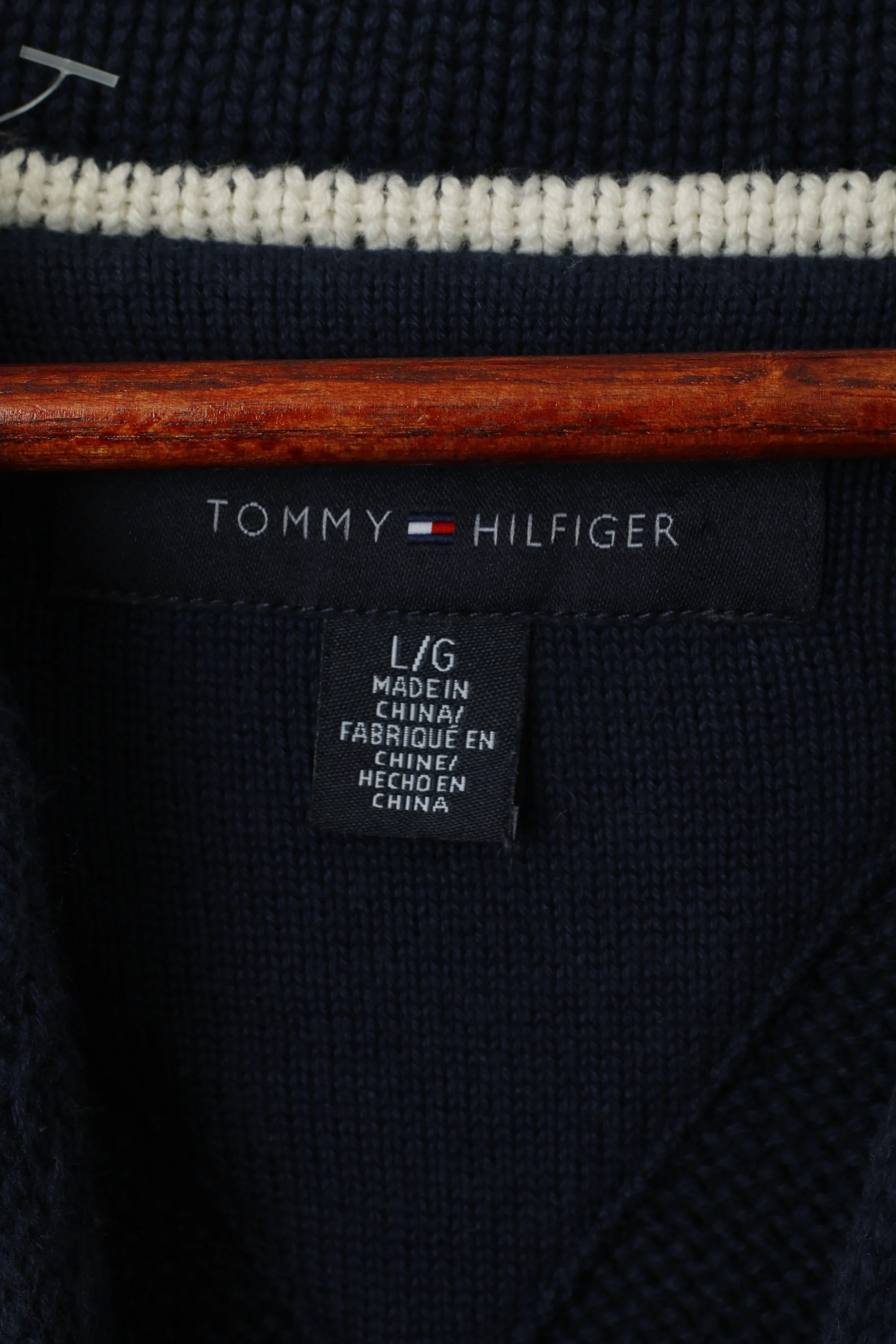 Tommy Hilfiger Men L Jumper Navy Cotton Knit Shawl Collar Pullover Sweater - Image 5
