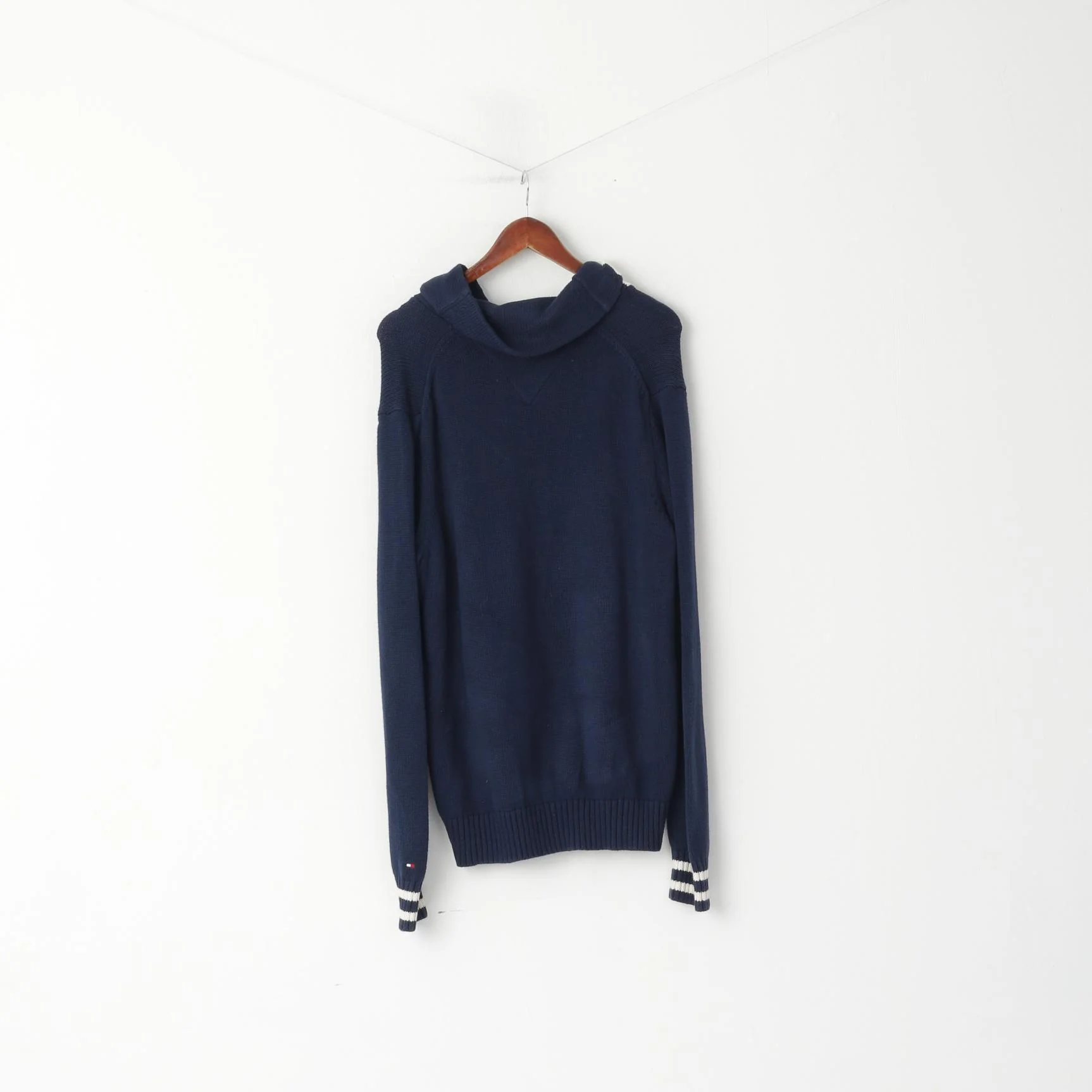 Tommy Hilfiger Men L Jumper Navy Cotton Knit Shawl Collar Pullover Sweater - Image 7