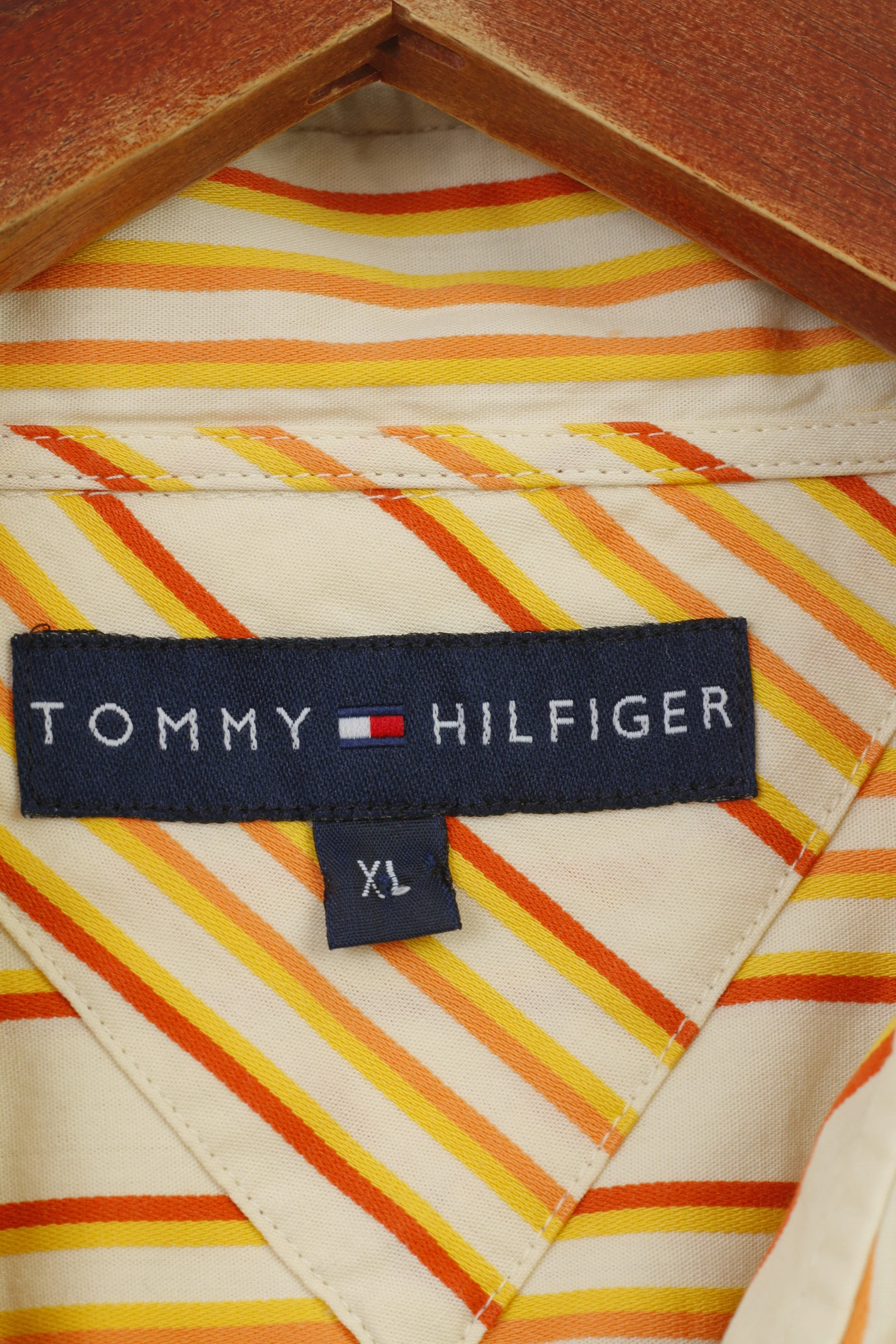 Tommy Hilfiger Men XL Casual Shirt Long Sleeve Striped Orange Collar Cotton Classic Top - Image 5