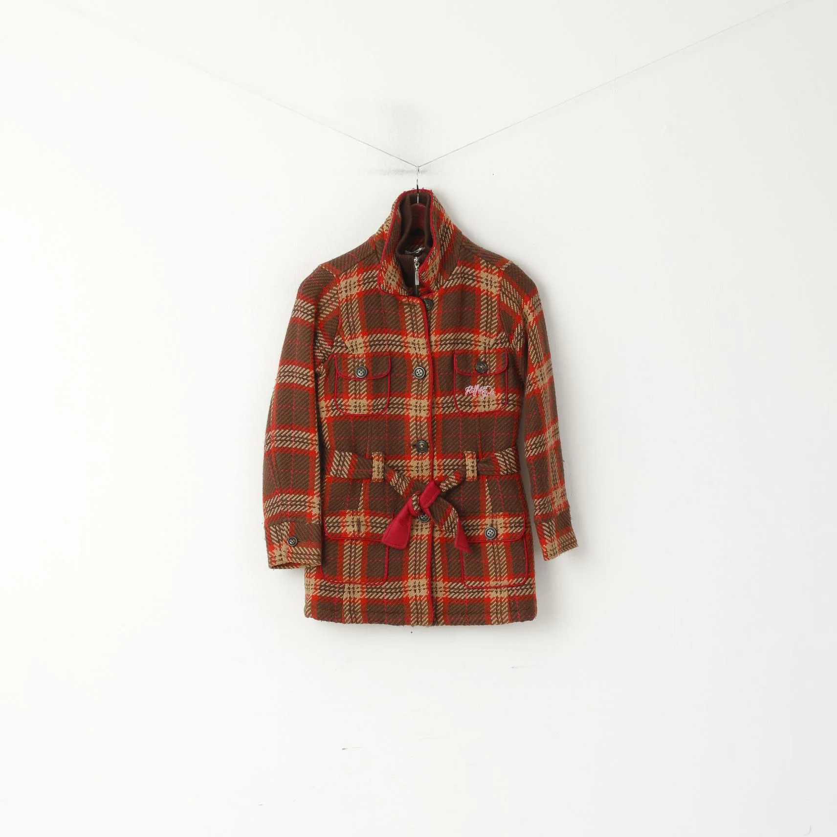 Tommy Hilfiger Women XS Jacket Multicolour Check Wool Single Breasted Belt Top - Image 2