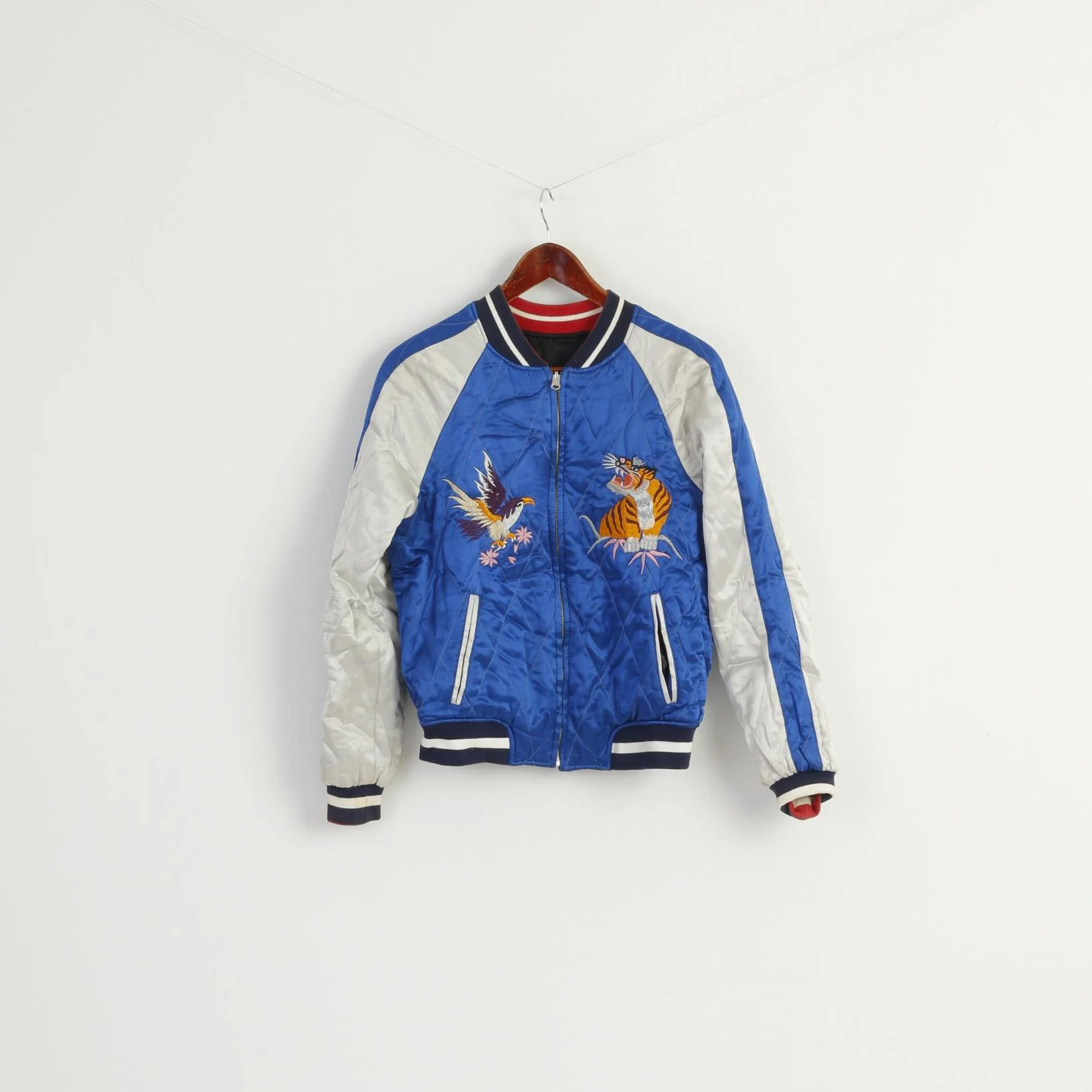 Topshop Women 6 10 XS Jacket Blue Black Shiny Japan Emroidered Double Sided Top - Image 2