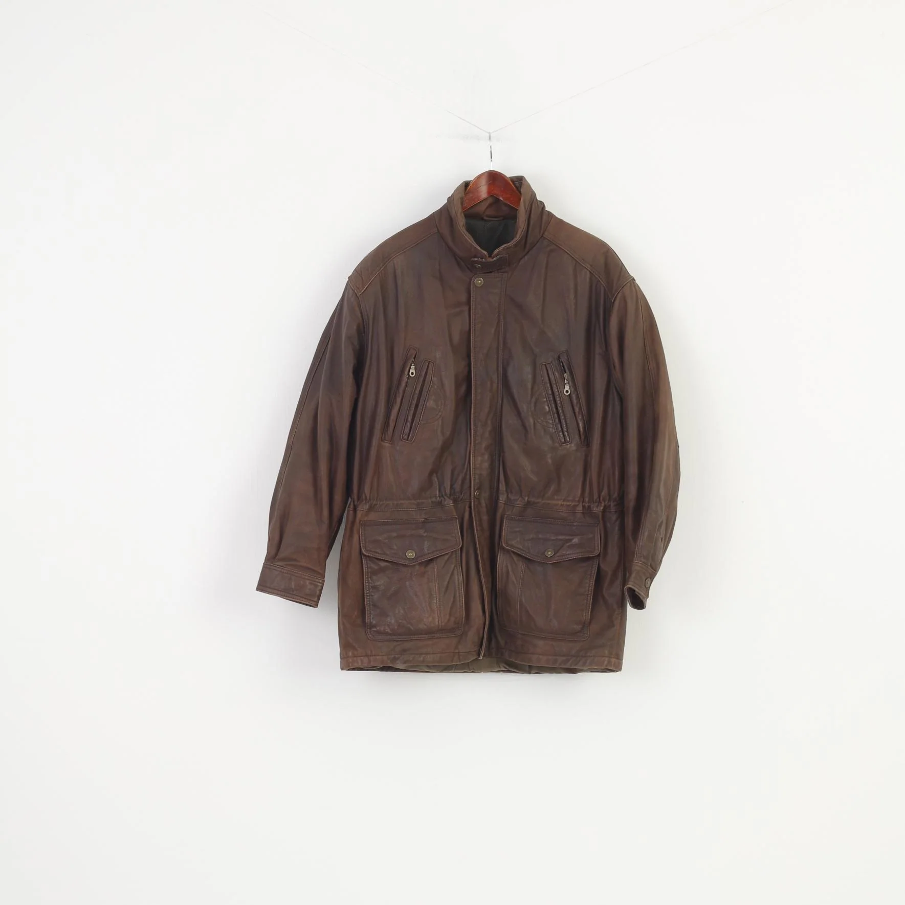 Trapper Men 52 L Leather Jacket Vintage Brown Full Zipper Collar Pockets Top