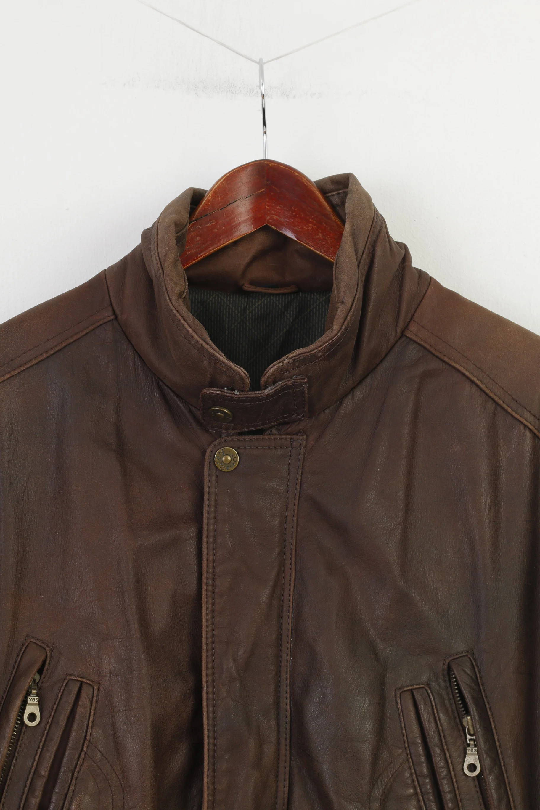 Trapper Men 52 L Leather Jacket Vintage Brown Full Zipper Collar Pockets Top - Image 2