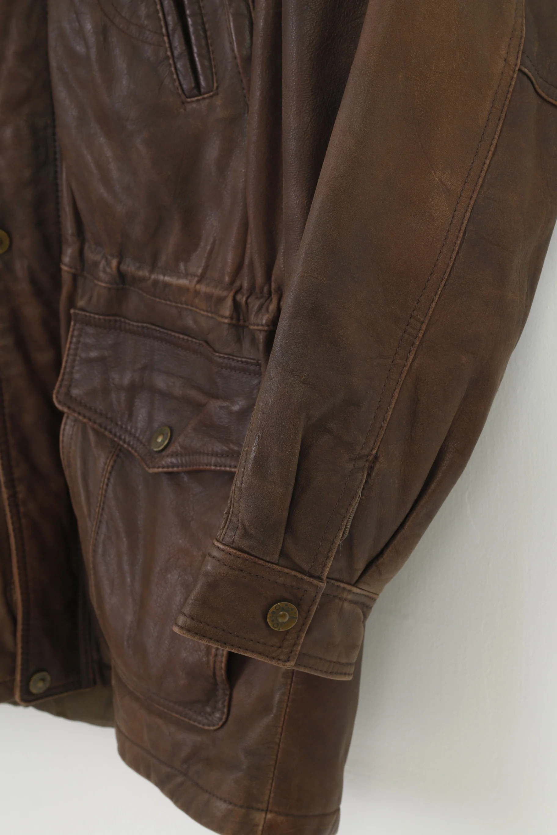 Trapper Men 52 L Leather Jacket Vintage Brown Full Zipper Collar Pockets Top - Image 3