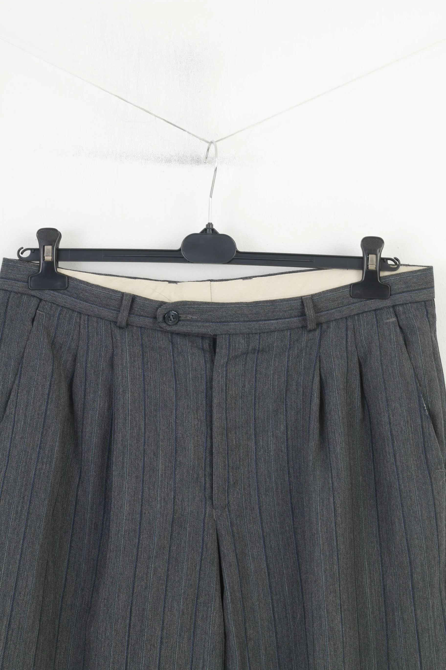 Trevira Men 36 Trousers Suit Pants Grey Striped Elegant Wool - Image 2
